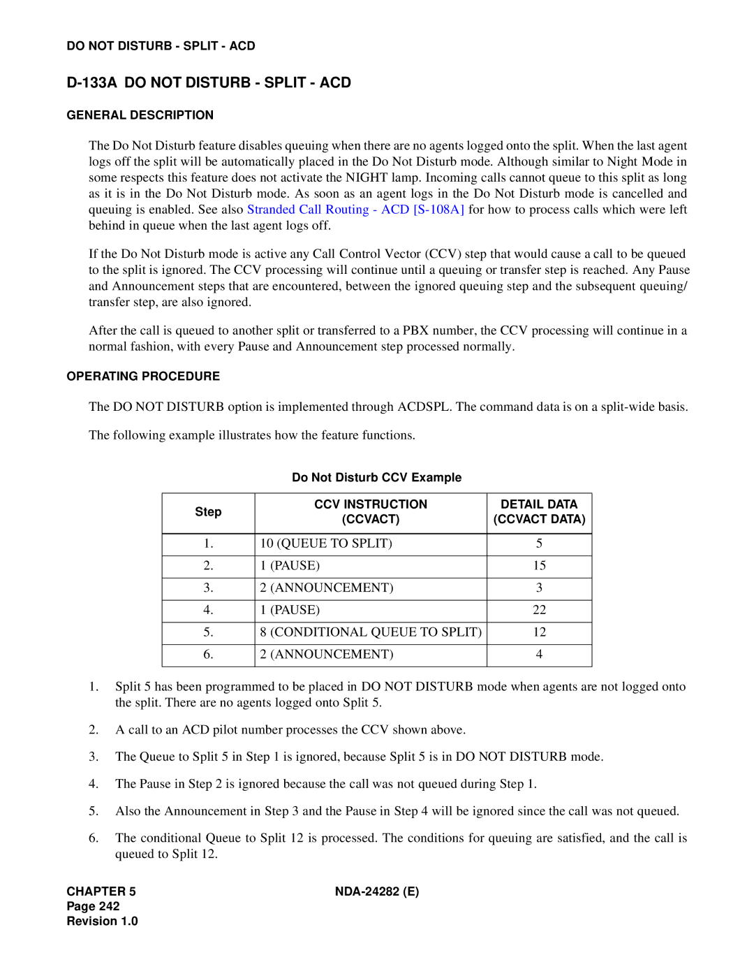 NEC 2400IMX system manual 133A do not Disturb Split ACD, Queue to Split Pause Announcement Conditional Queue to Split 