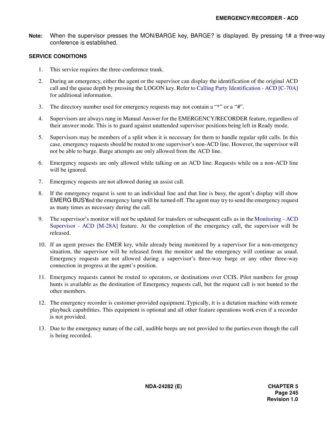 NEC 2400IMX system manual EMERGENCY/RECORDER ACD Service Conditions 