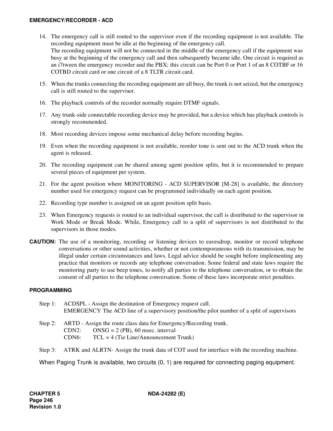 NEC 2400IMX system manual CDN2, Onsg = 2 PB, 60 msec. interval, CDN6, TCL = 4 Tie Line/Announcement Trunk 