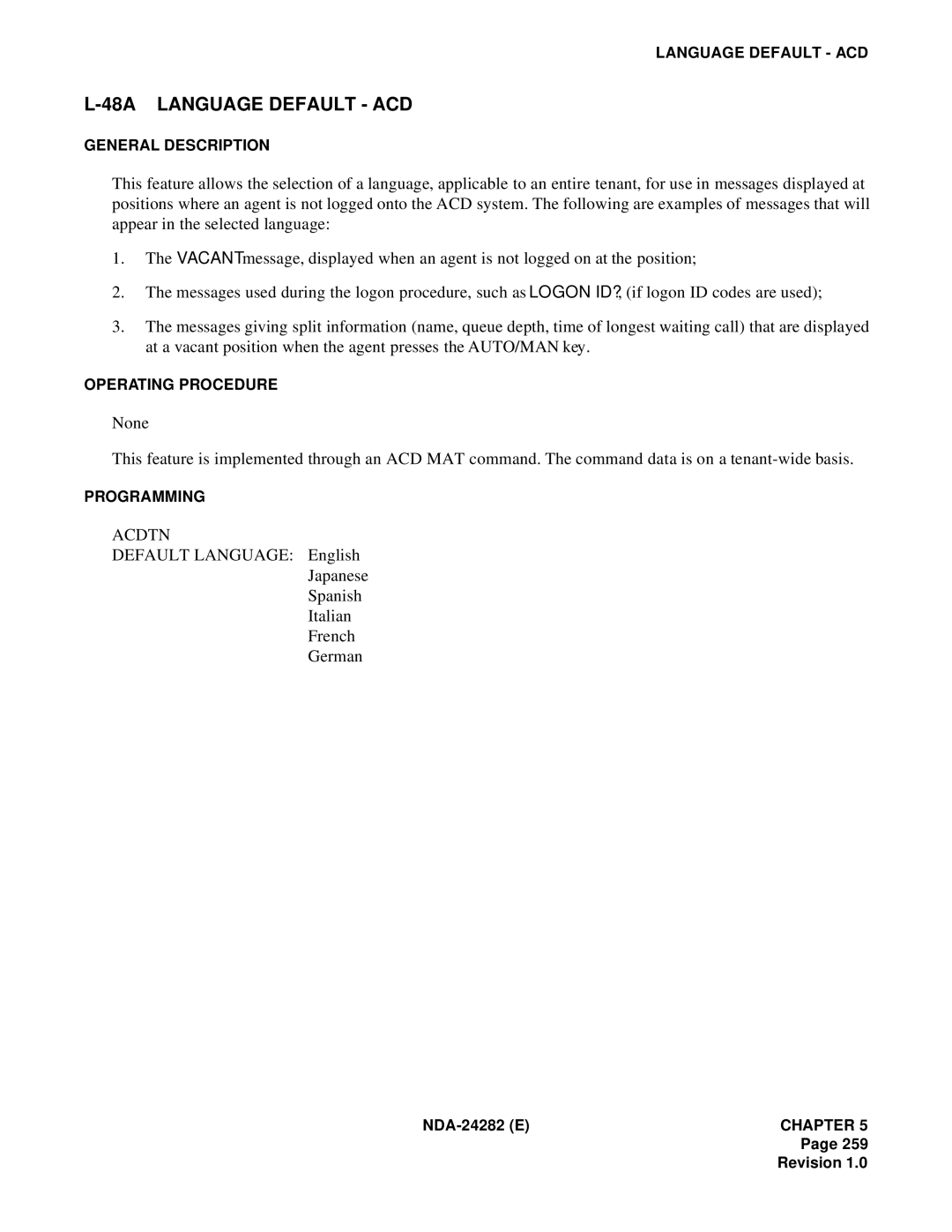 NEC 2400IMX system manual 48A Language Default ACD, Acdtn 