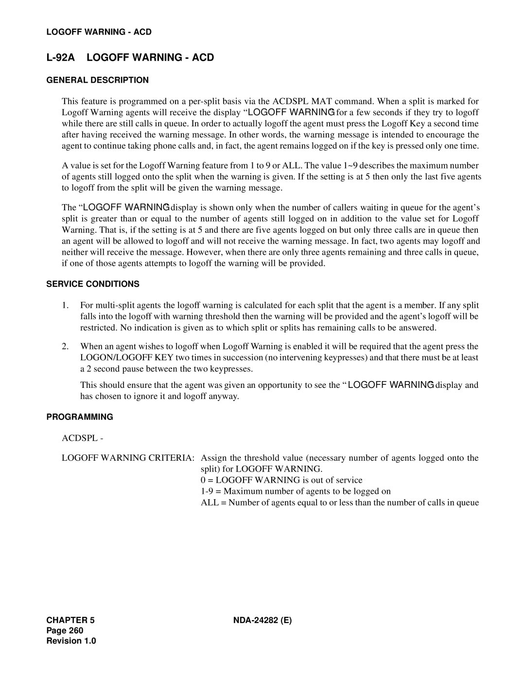 NEC 2400IMX system manual 92A Logoff Warning ACD, Acdspl 