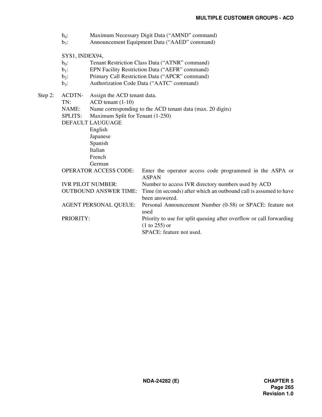 NEC 2400IMX system manual SYS1, INDEX94, Name, Splits, Default Lauguage, Operator Access Code, Aspan, IVR Pilot Number 