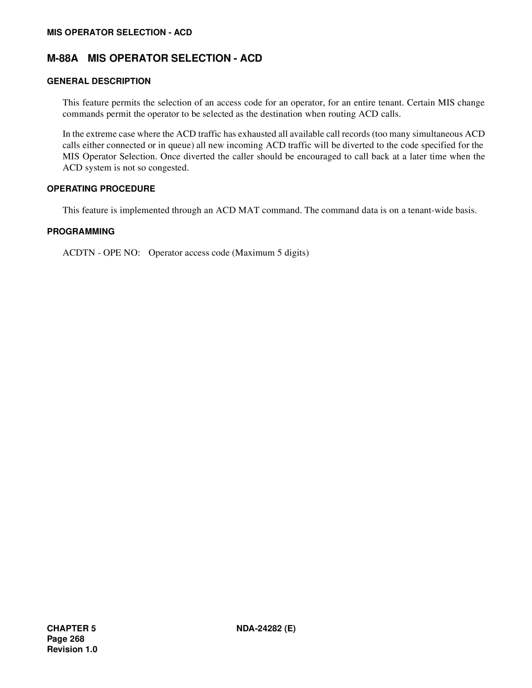 NEC 2400IMX system manual 88A MIS Operator Selection ACD, Acdtn OPE no Operator access code Maximum 5 digits 