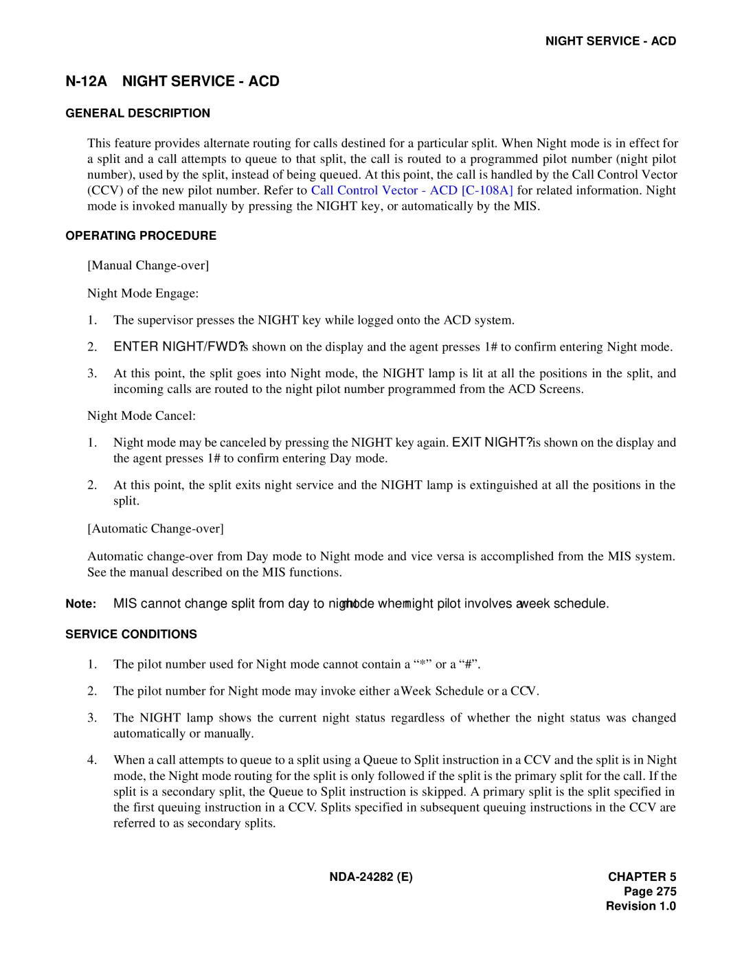 NEC 2400IMX system manual 12A Night Service ACD 