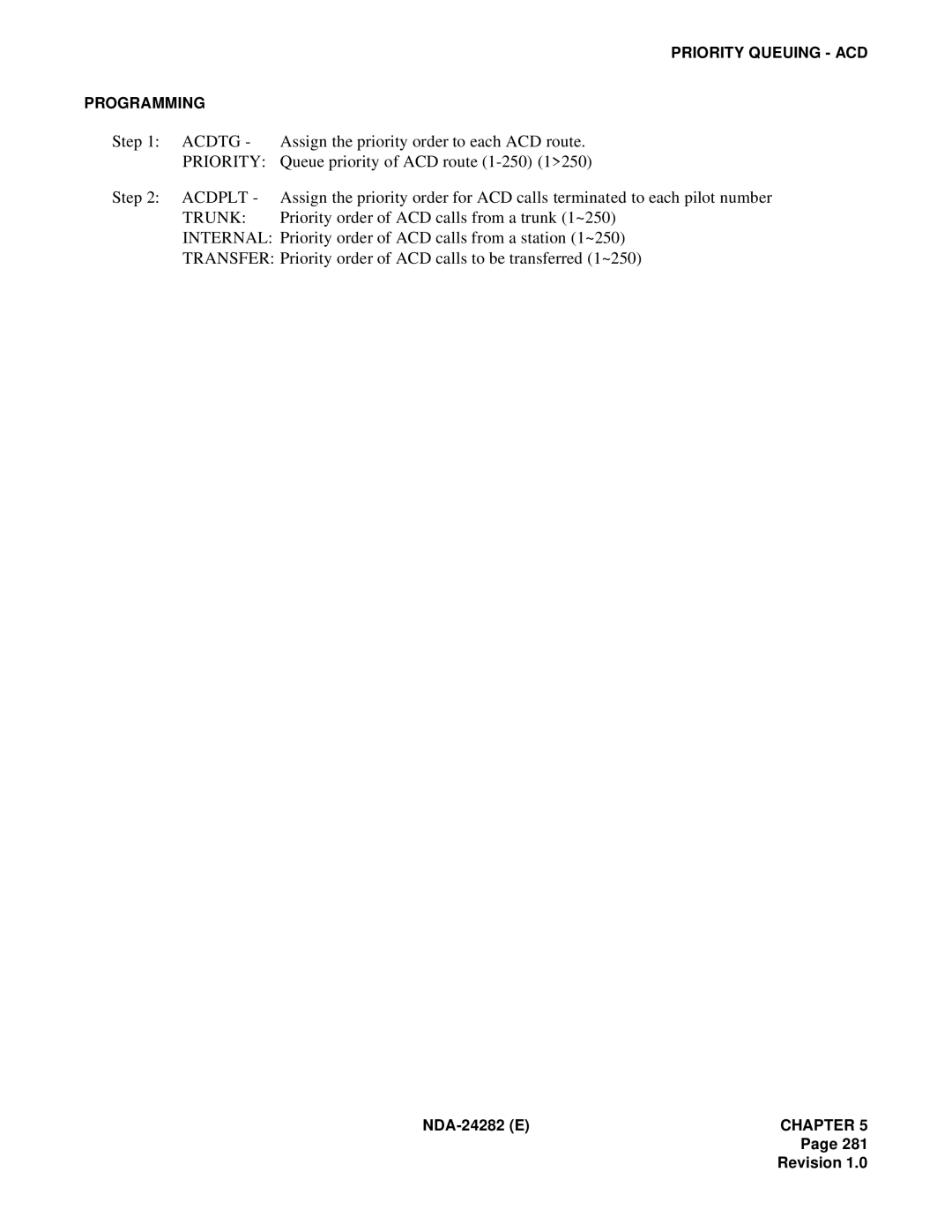 NEC 2400IMX system manual Priority Queuing ACD Programming 