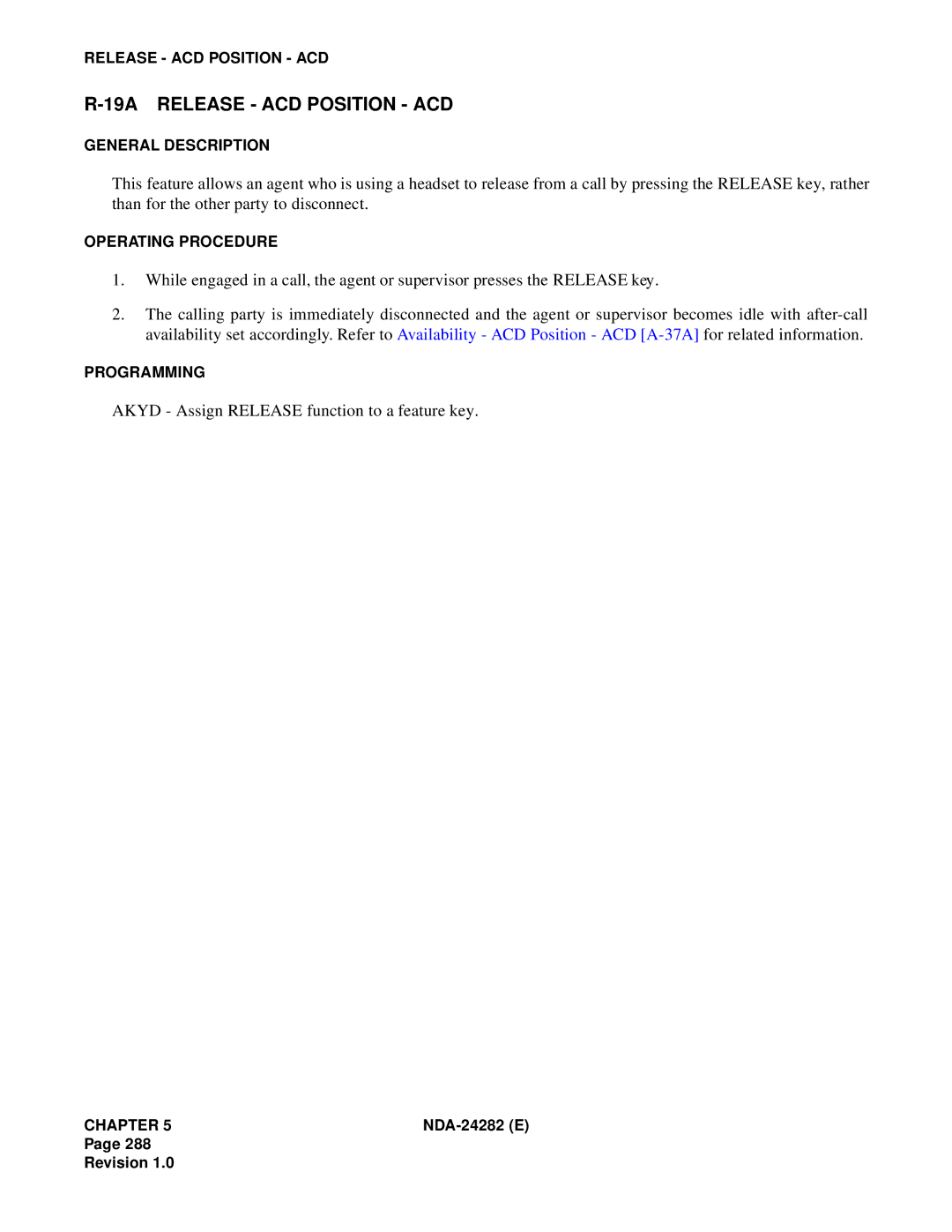 NEC 2400IMX system manual 19A Release ACD Position ACD, Akyd Assign Release function to a feature key 