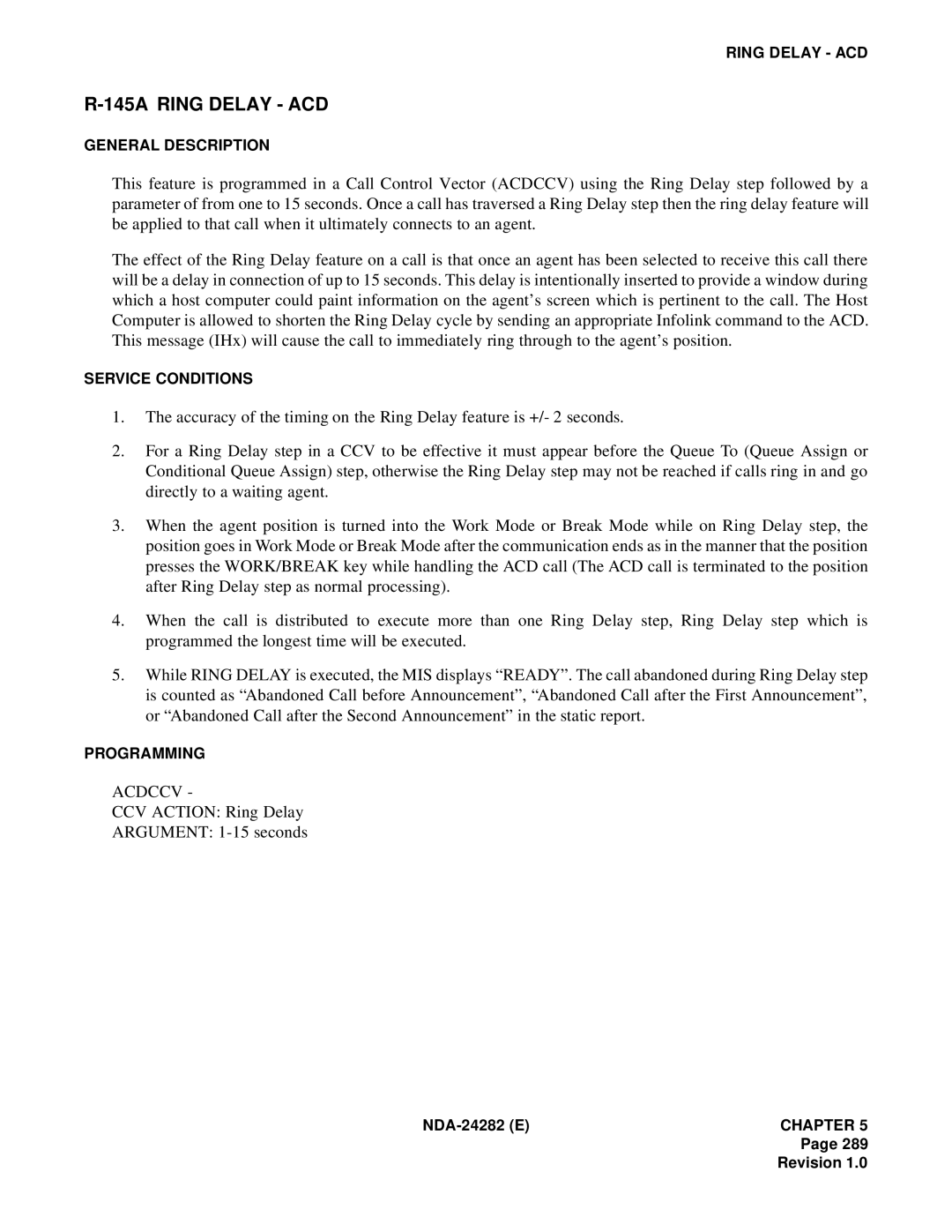 NEC 2400IMX system manual 145A Ring Delay ACD, CCV Action Ring Delay Argument 1-15 seconds 