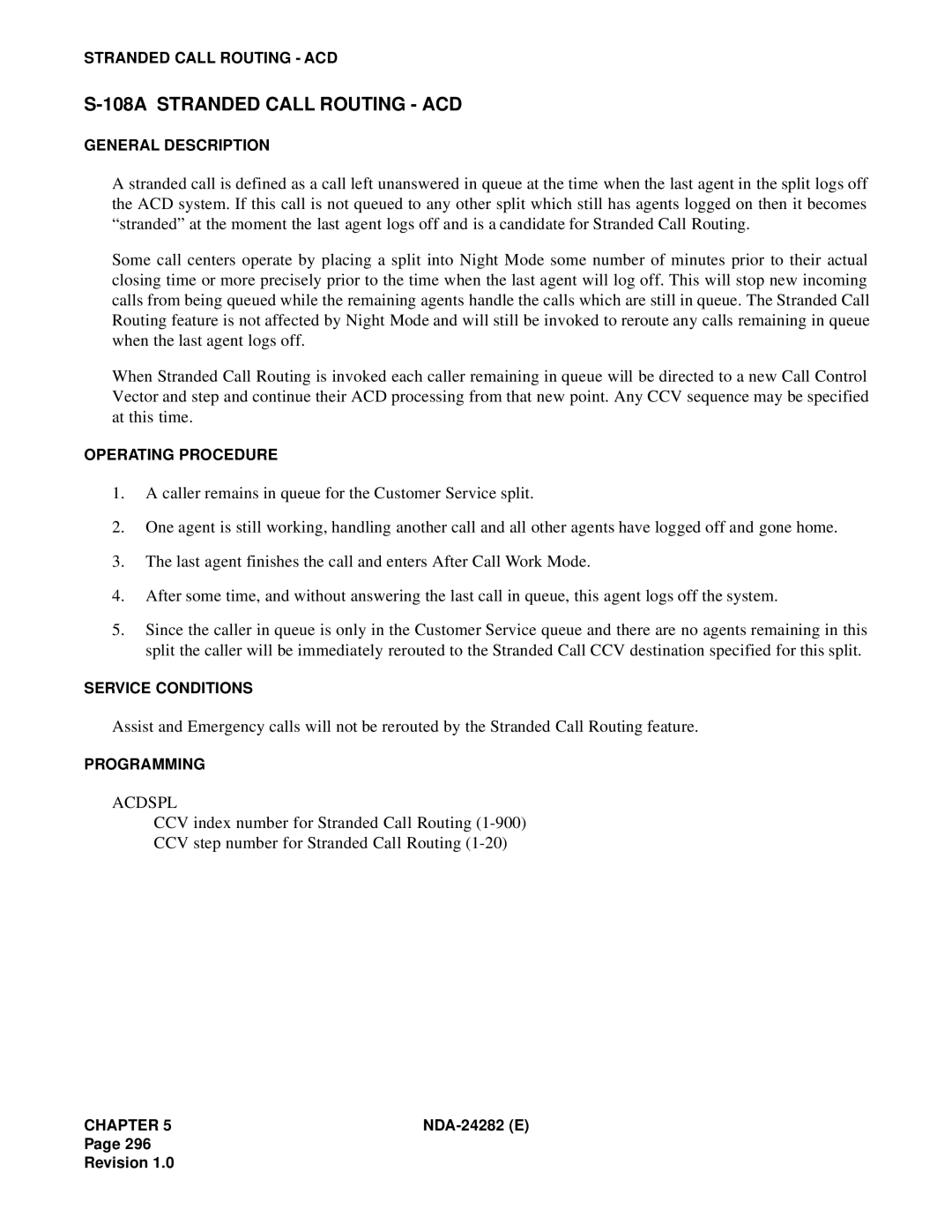 NEC 2400IMX system manual 108A Stranded Call Routing ACD, Acdspl 