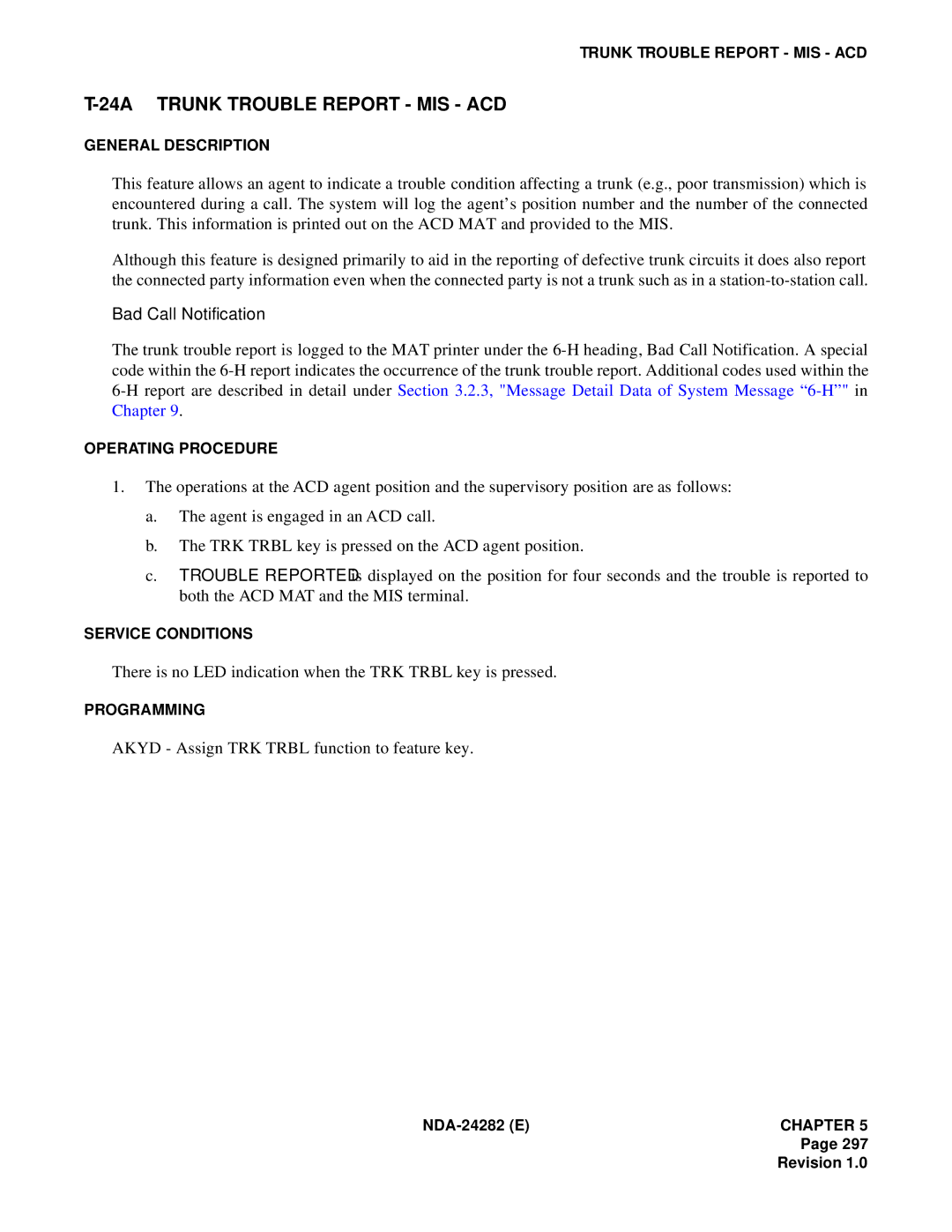 NEC 2400IMX system manual 24A Trunk Trouble Report MIS ACD, There is no LED indication when the TRK Trbl key is pressed 