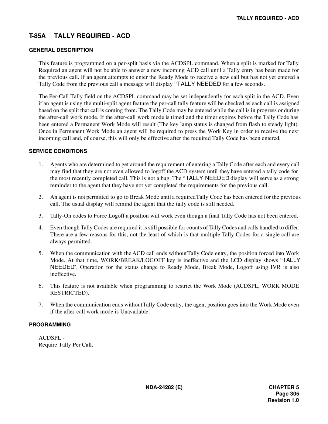 NEC 2400IMX system manual 85A Tally Required ACD, Require Tally Per Call 