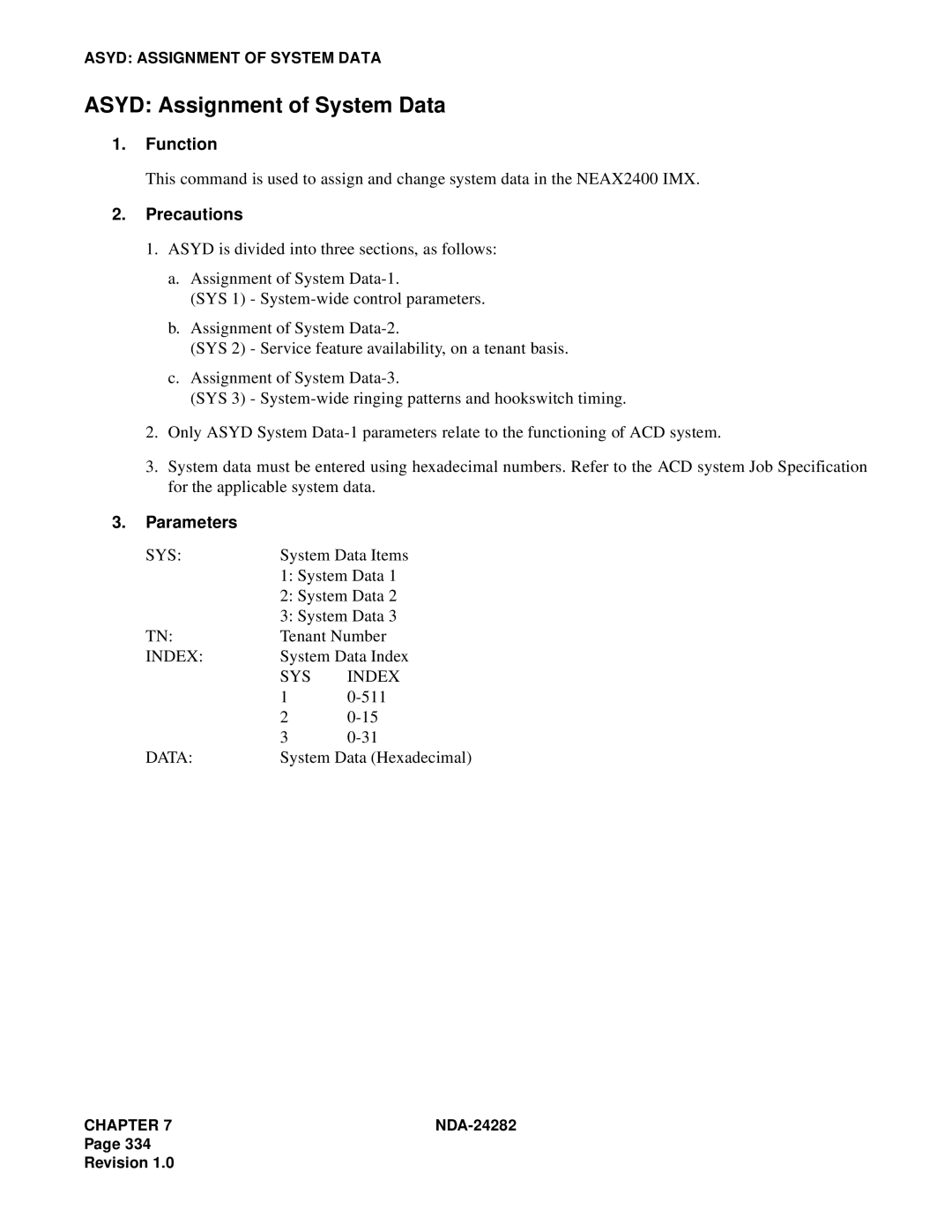 NEC 2400IMX system manual Asyd Assignment of System Data, SYS Index 