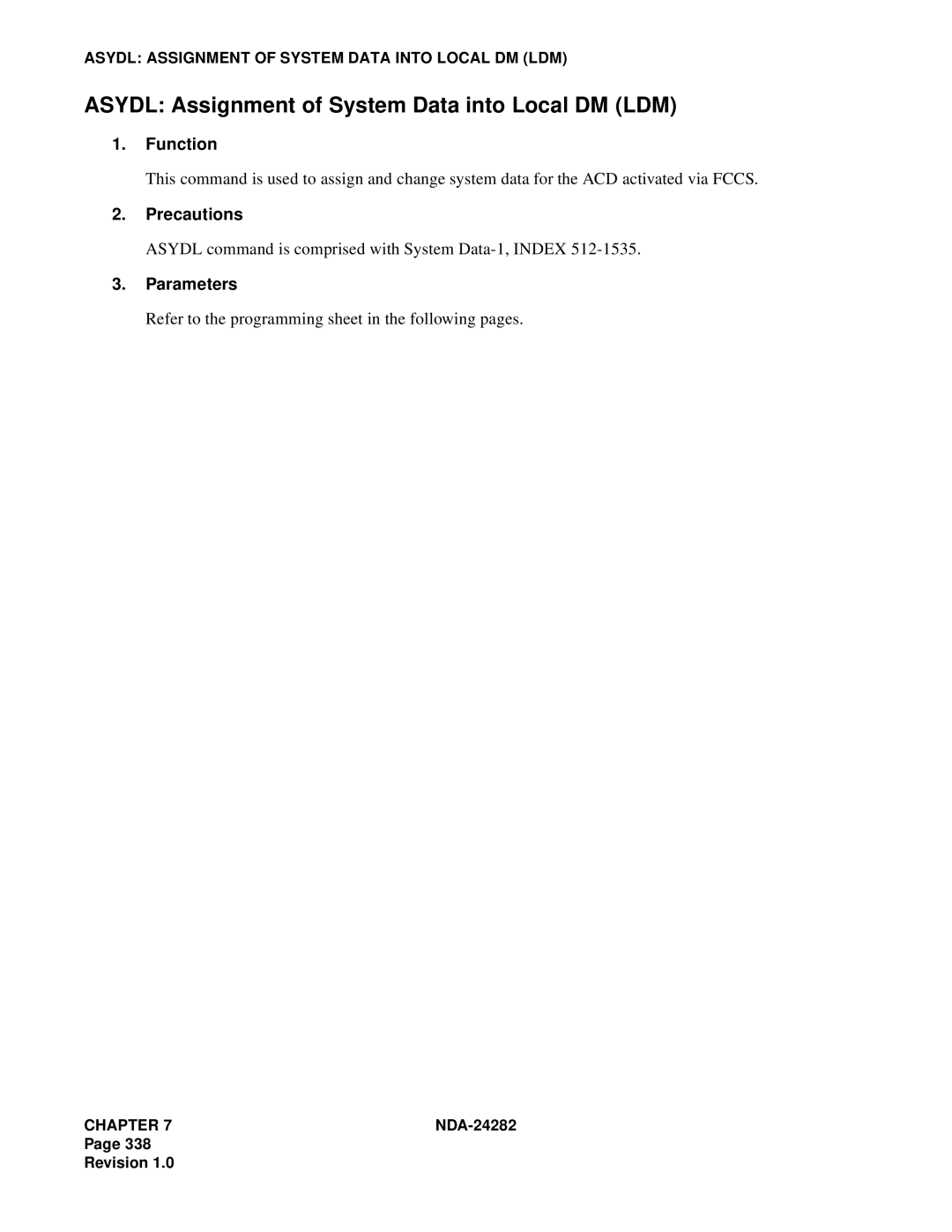 NEC 2400IMX Asydl Assignment of System Data into Local DM LDM, Asydl command is comprised with System Data-1, Index 