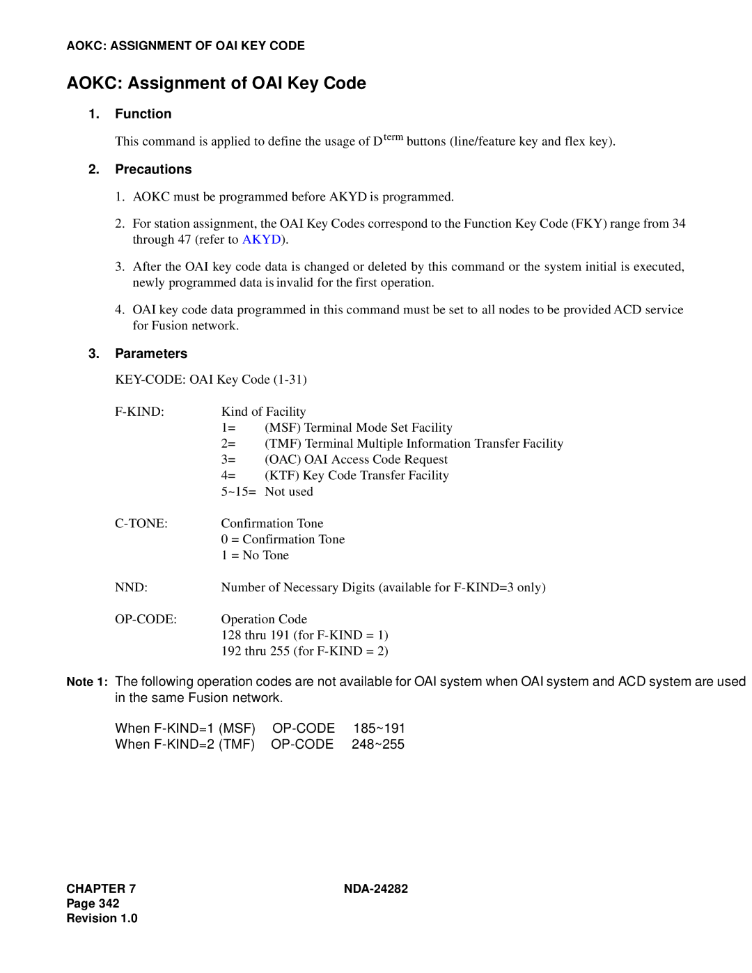 NEC 2400IMX system manual Aokc Assignment of OAI Key Code, Kind, Tone, Nnd, Op-Code 