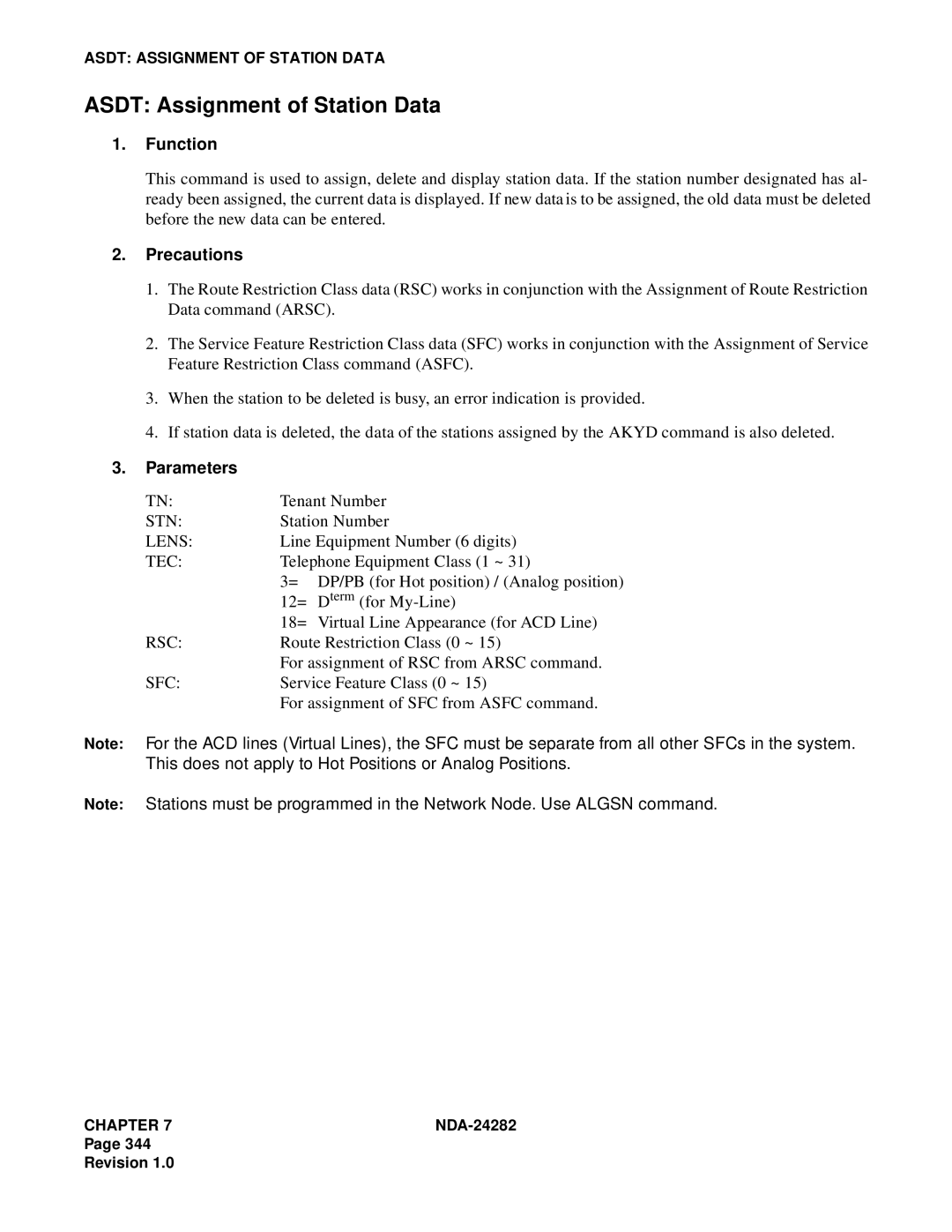 NEC 2400IMX system manual Asdt Assignment of Station Data, Lens, Rsc, Sfc 