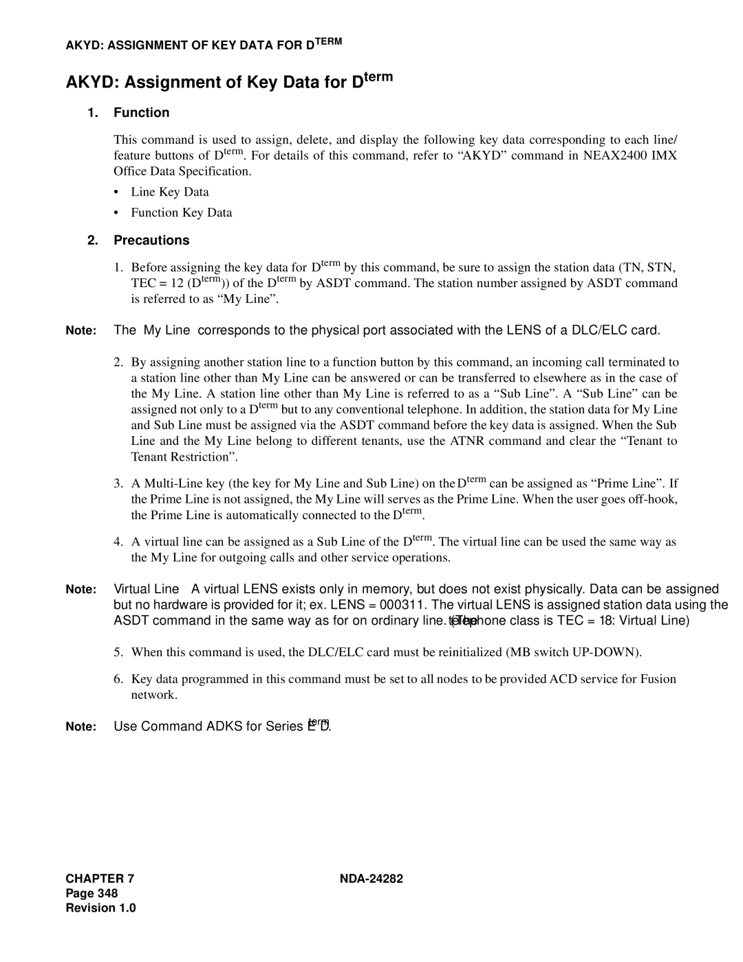 NEC 2400IMX system manual Akyd Assignment of Key Data for Dterm 