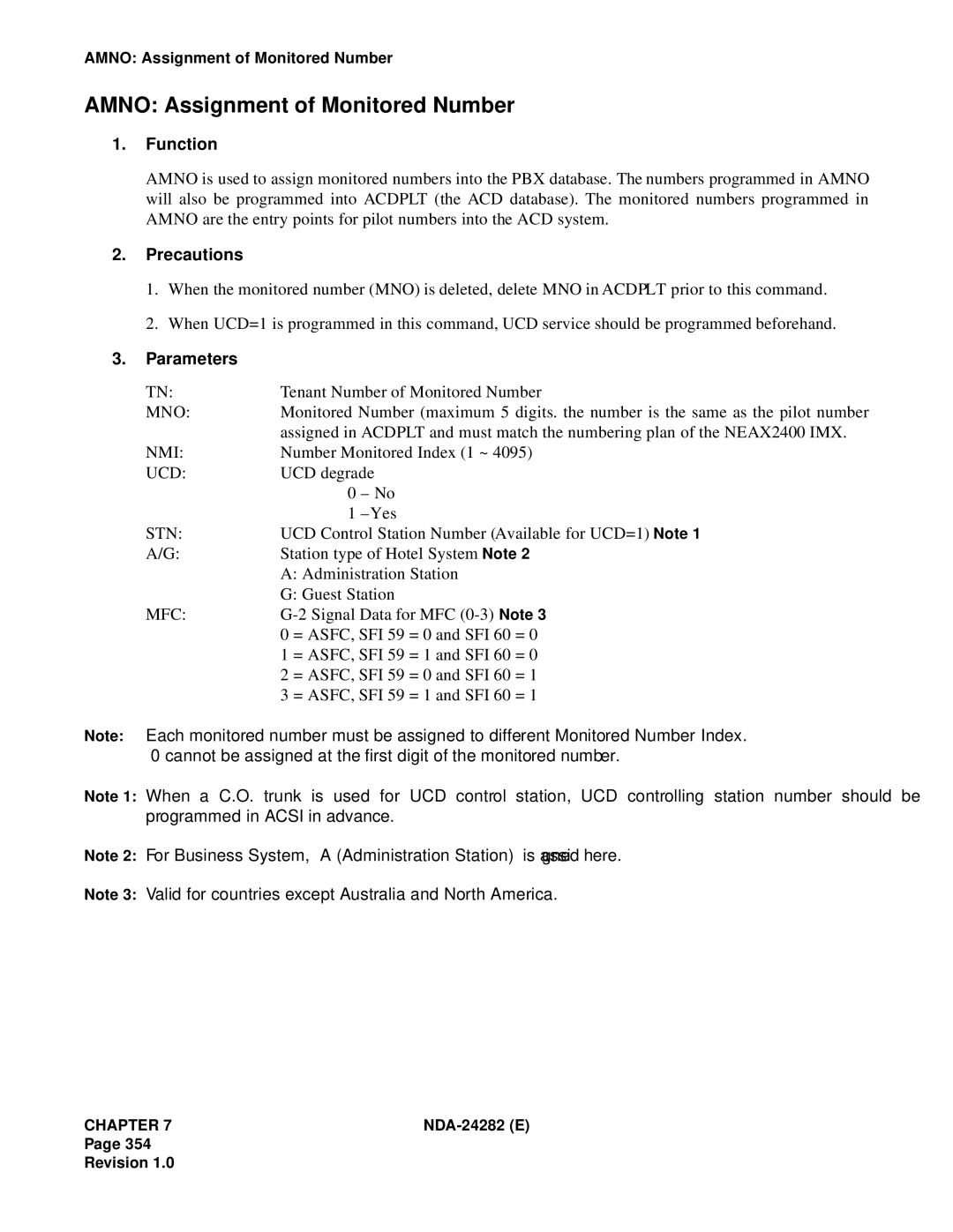 NEC 2400IMX system manual Amno Assignment of Monitored Number, Mno, Nmi, Ucd, Mfc 