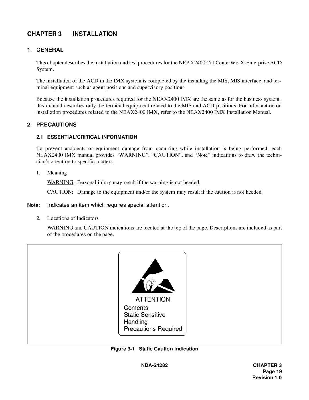 NEC 2400IMX system manual Installation, Contents Static Sensitive Handling Precautions Required 