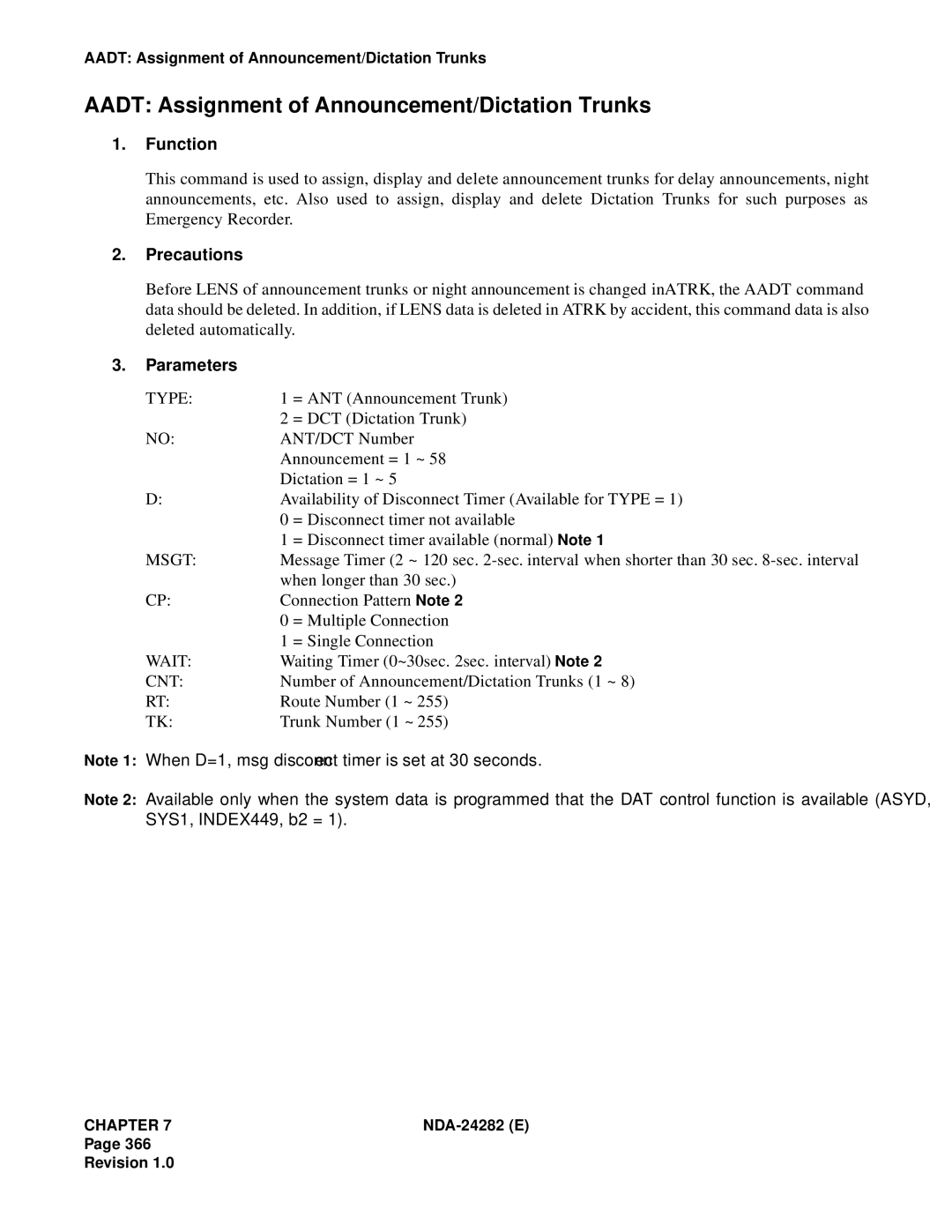 NEC 2400IMX system manual Aadt Assignment of Announcement/Dictation Trunks, Msgt, Wait, Cnt 