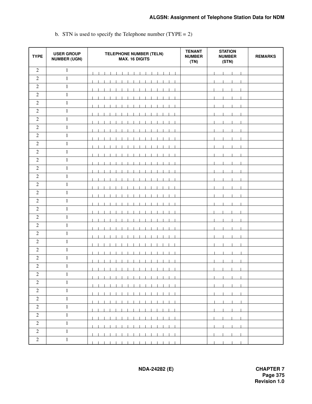 NEC 2400IMX system manual STN is used to specify the Telephone number Type = 