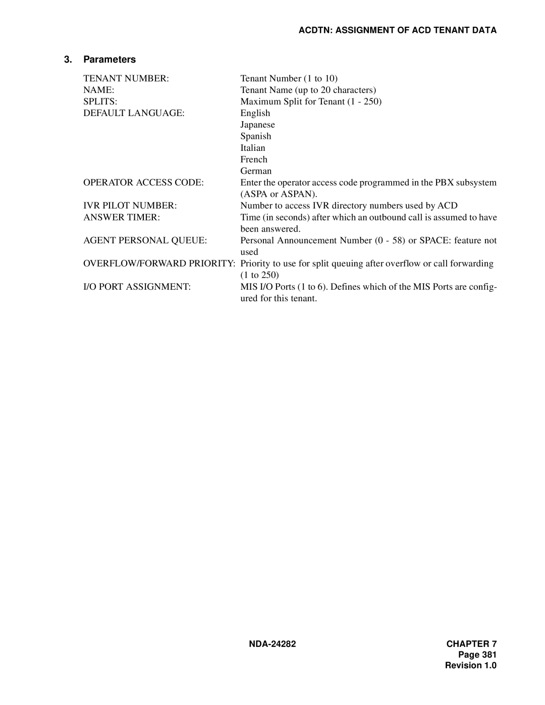 NEC 2400IMX system manual Tenant Number, Default Language, Answer Timer, Port Assignment 