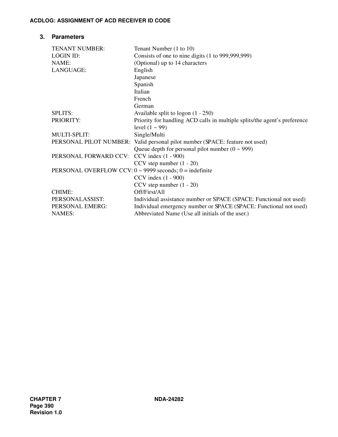 NEC 2400IMX system manual Login ID, Language, Multi-Split, Chime, Personalassist, Personal Emerg, Names 