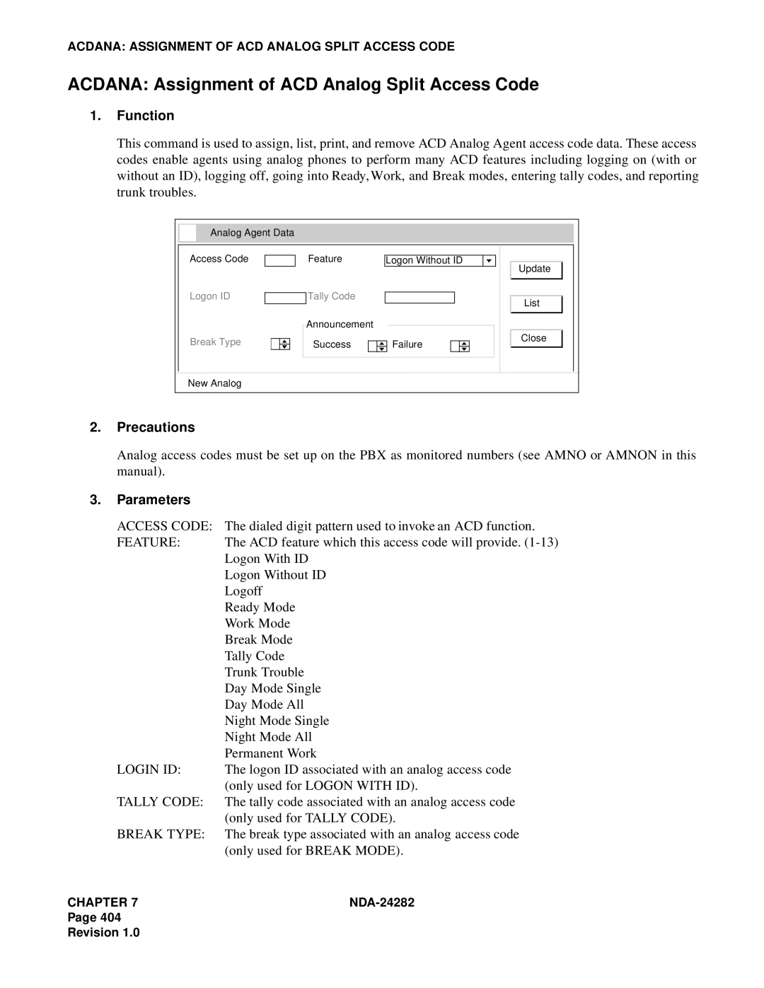 NEC 2400IMX system manual Acdana Assignment of ACD Analog Split Access Code, Tally Code, Break Type 