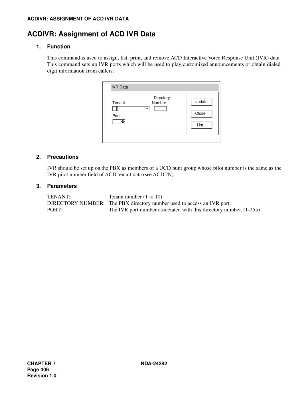 NEC 2400IMX system manual Acdivr Assignment of ACD IVR Data, Tenant, IVR port number associated with this directory number 