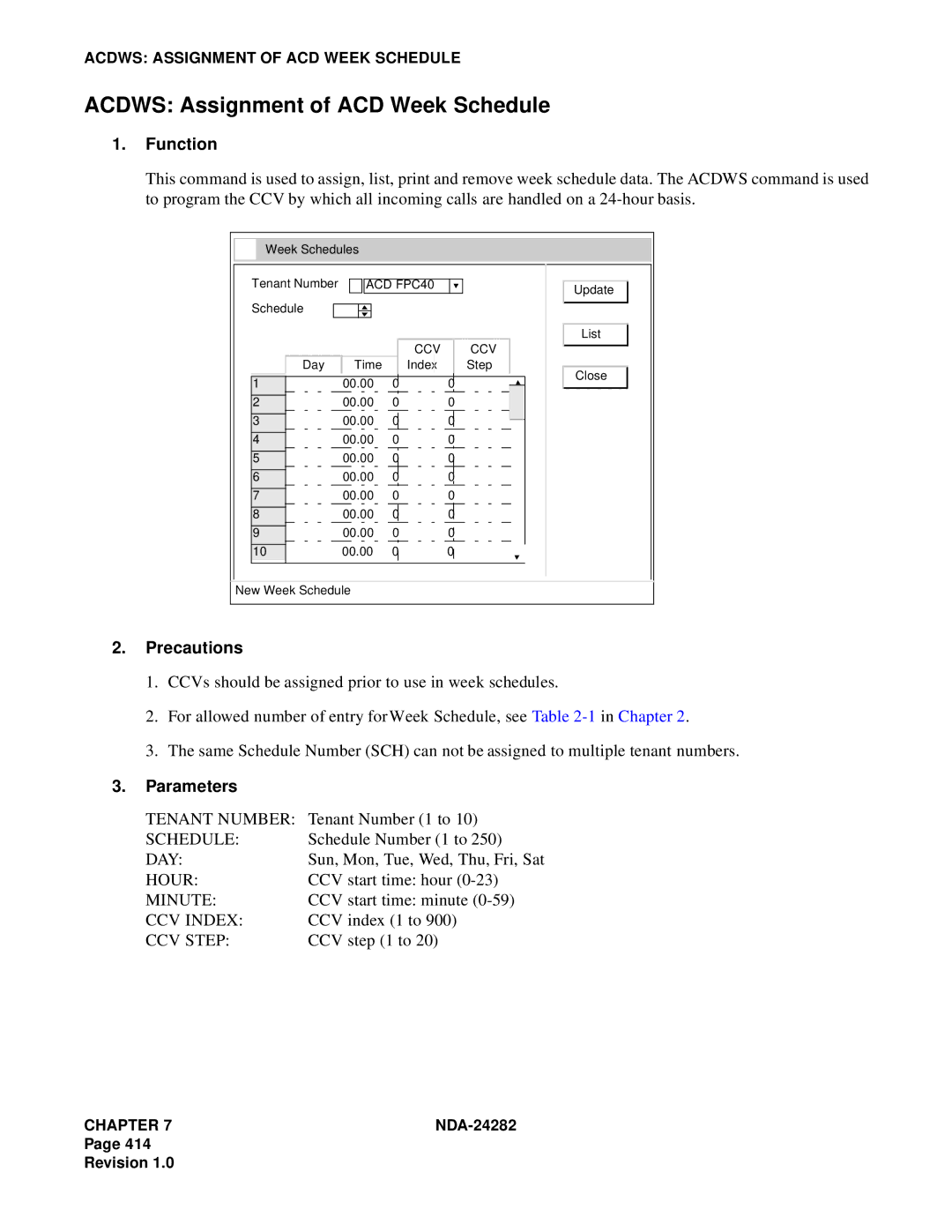 NEC 2400IMX system manual Acdws Assignment of ACD Week Schedule, Sun, Mon, Tue, Wed, Thu, Fri, Sat, CCV start time hour 