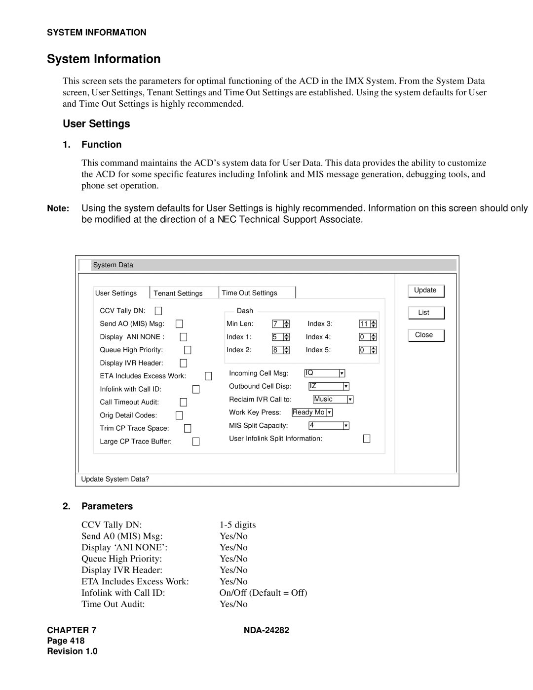 NEC 2400IMX system manual System Information, User Settings 