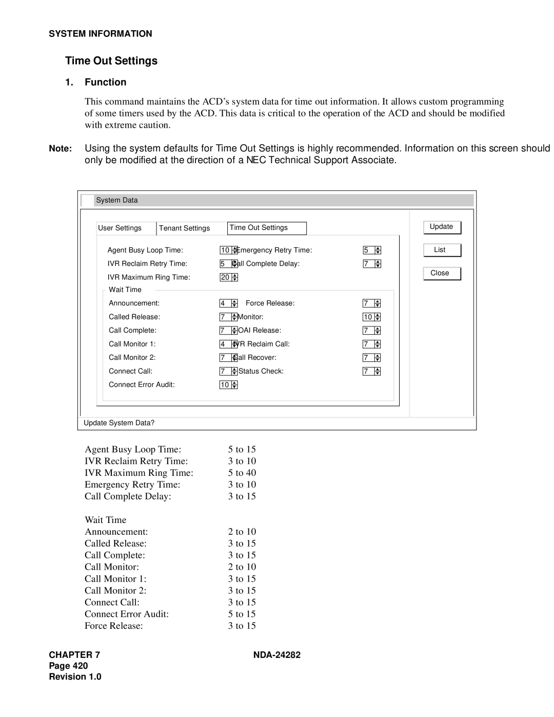 NEC 2400IMX system manual Time Out Settings 