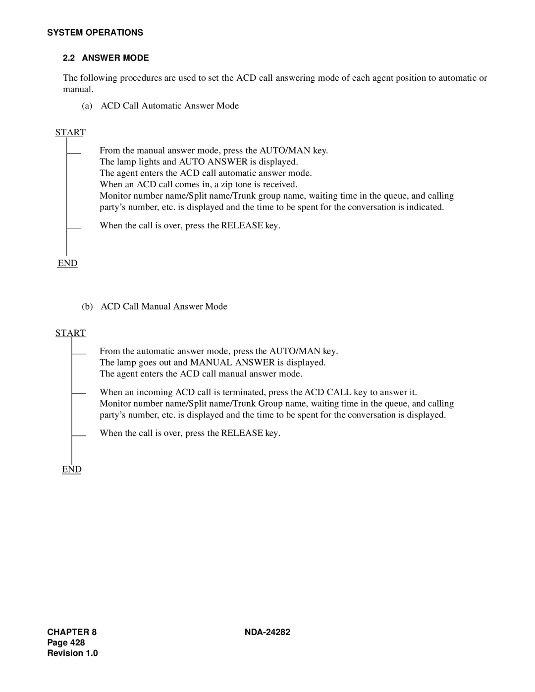 NEC 2400IMX system manual ACD Call Manual Answer Mode 