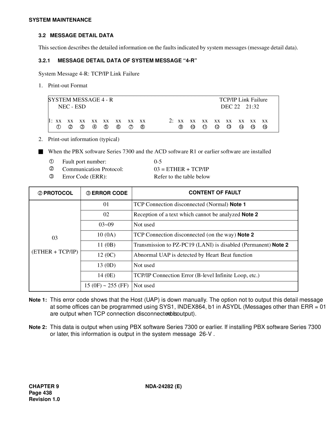 NEC 2400IMX system manual System Message 4 R, Nec Esd, 03 = Ether + TCP/IP 