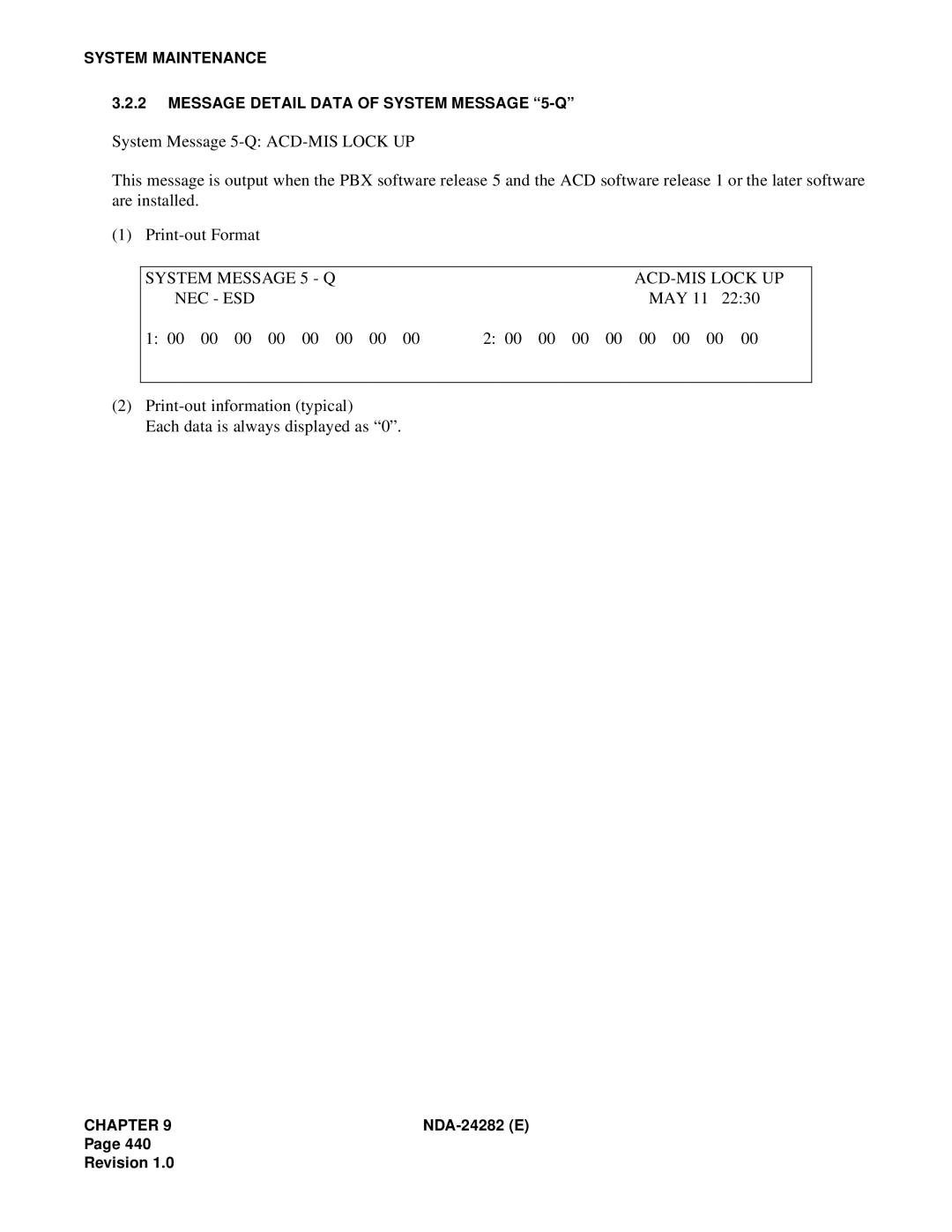 NEC 2400IMX system manual System Message 5 Q ACD-MIS Lock UP NEC ESD, MAY 11 