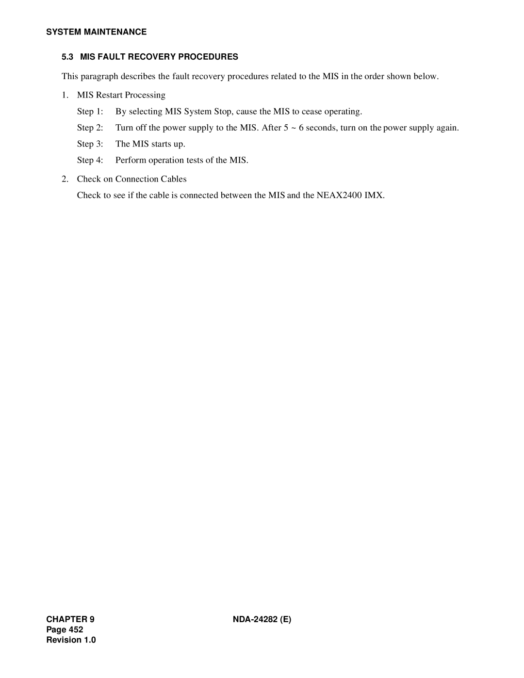 NEC 2400IMX system manual System Maintenance MIS Fault Recovery Procedures 