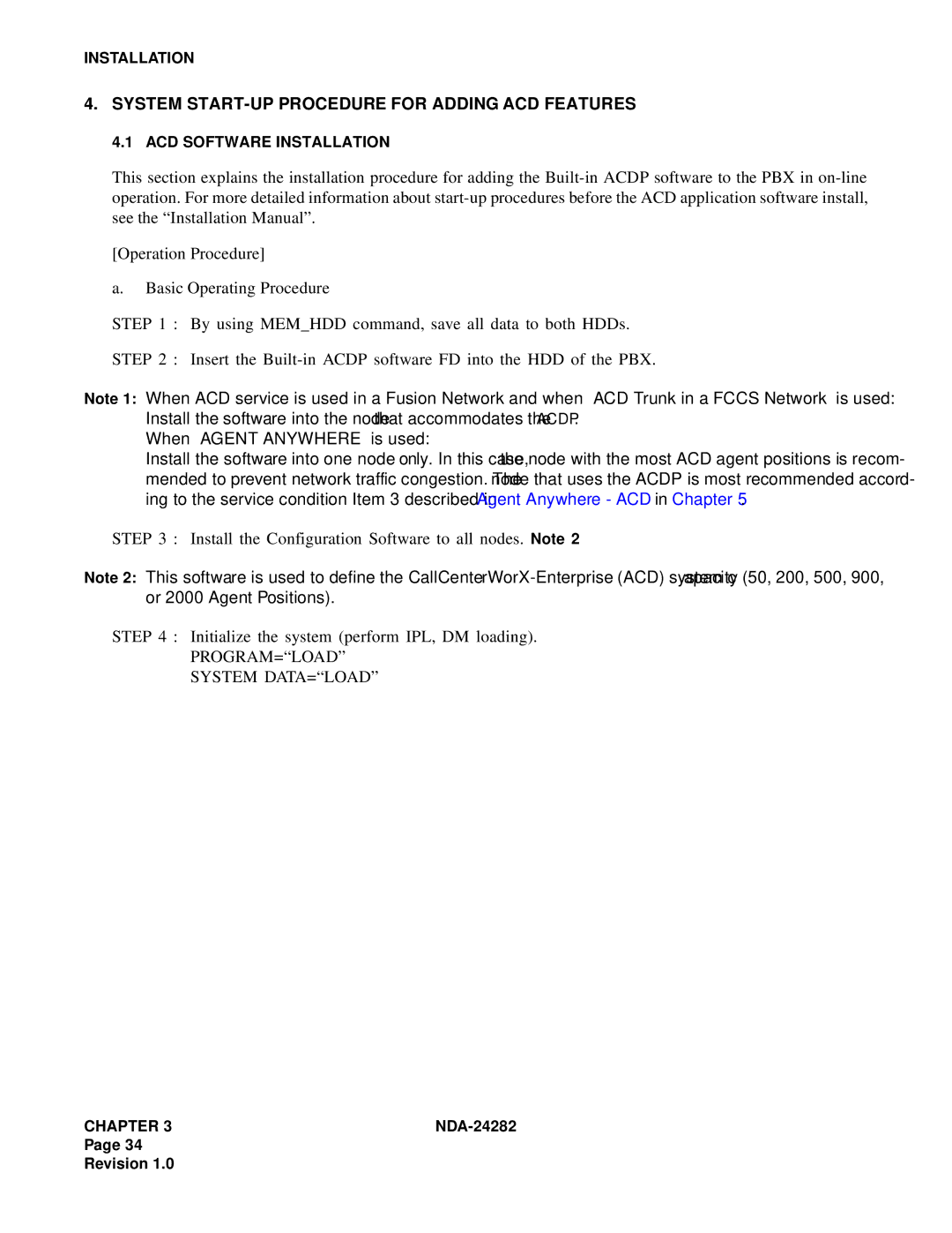 NEC 2400IMX system manual System START-UP Procedure for Adding ACD Features, PROGRAM=LOAD System DATA=LOAD 