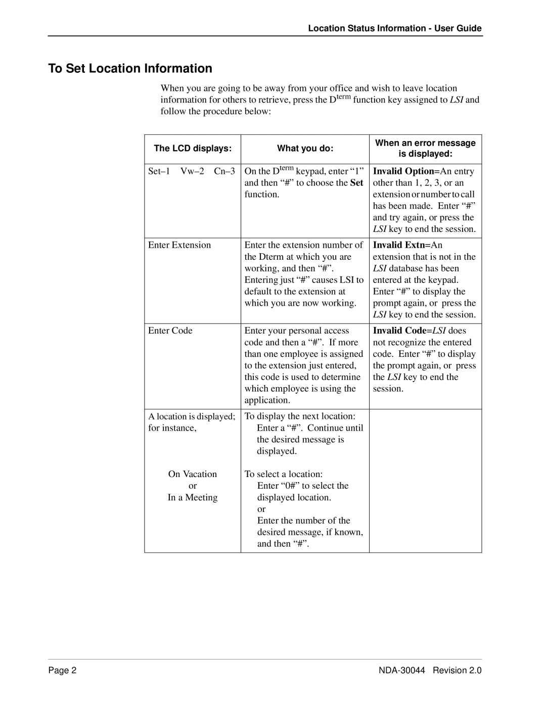 NEC 241716 manual To Set Location Information, Invalid Option =An entry, Invalid Extn =An, Invalid Code = LSI does 