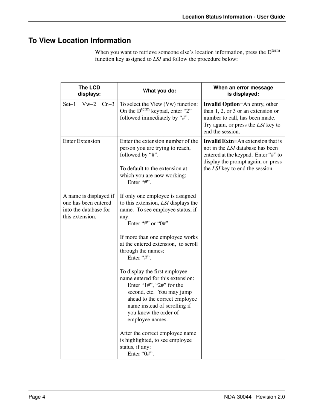 NEC 241716 manual To View Location Information 