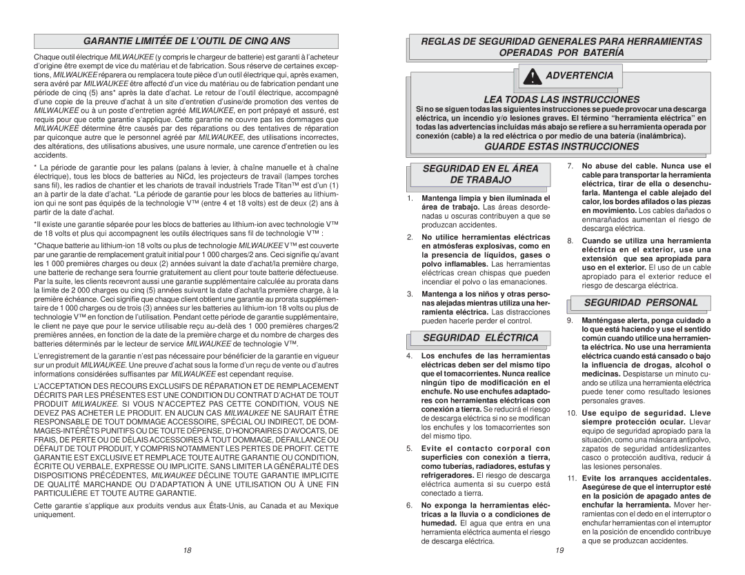 NEC 2601-20 manual Garantie Limitée DE L’OUTIL DE Cinq ANS, Guarde Estas Instrucciones, Seguridad EN EL Área DE Trabajo 