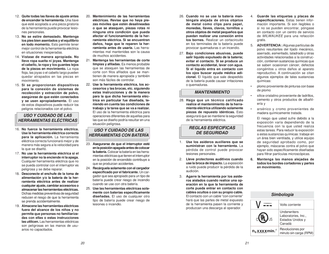 NEC 2601-20 USO Y Cuidado DE LAS Herramientas Eléctricas, USO Y Cuidado DE LAS Herramientas CON Batería, Mantenimiento 