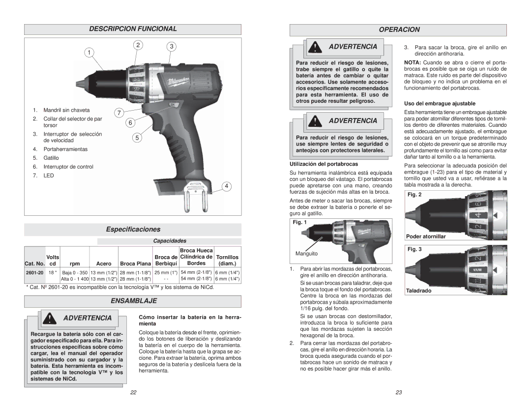 NEC 2601-20 manual Descripcion Funcional Operacion Advertencia, Especiﬁcaciones, Ensamblaje 