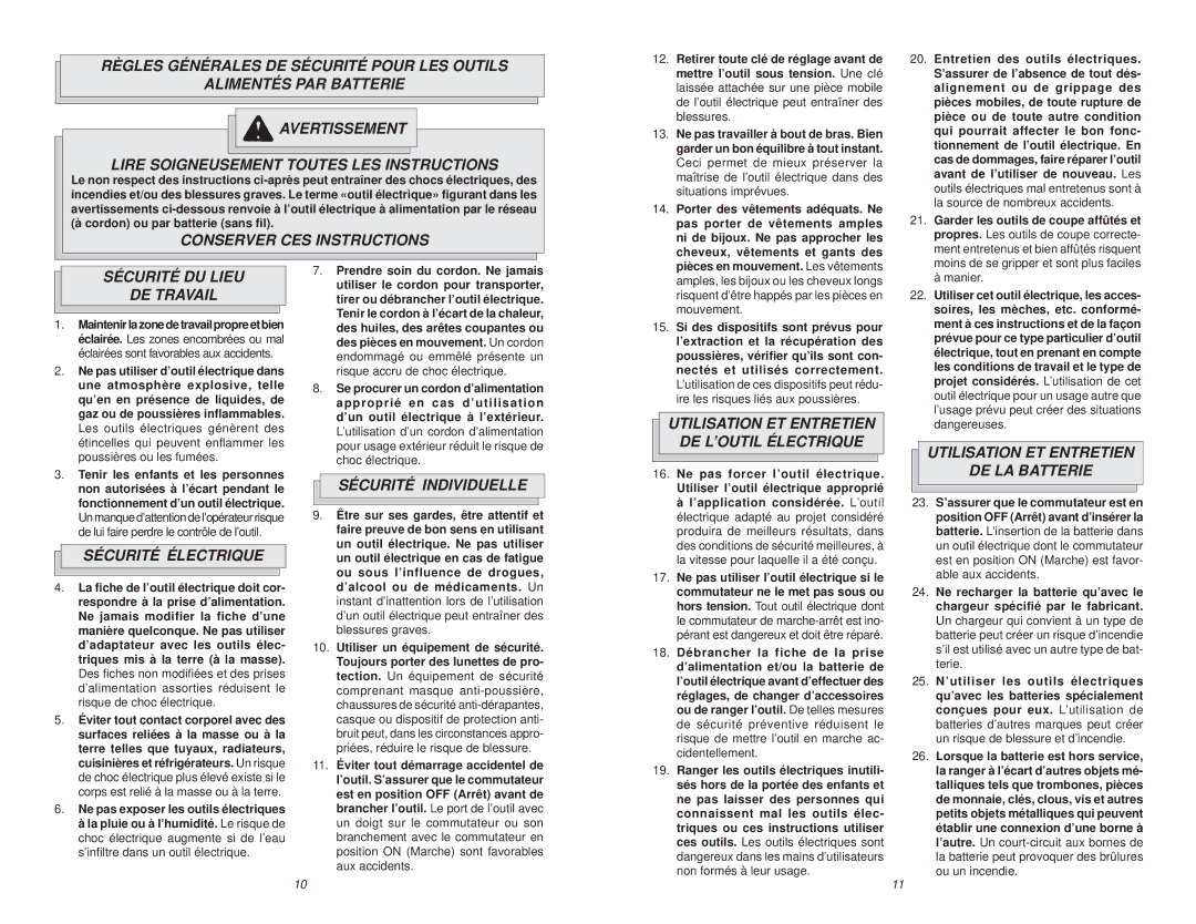 NEC 2601-20 manual Conserver CES Instructions, Sécurité DU Lieu DE Travail, Sécurité Électrique, Sécurité Individuelle 