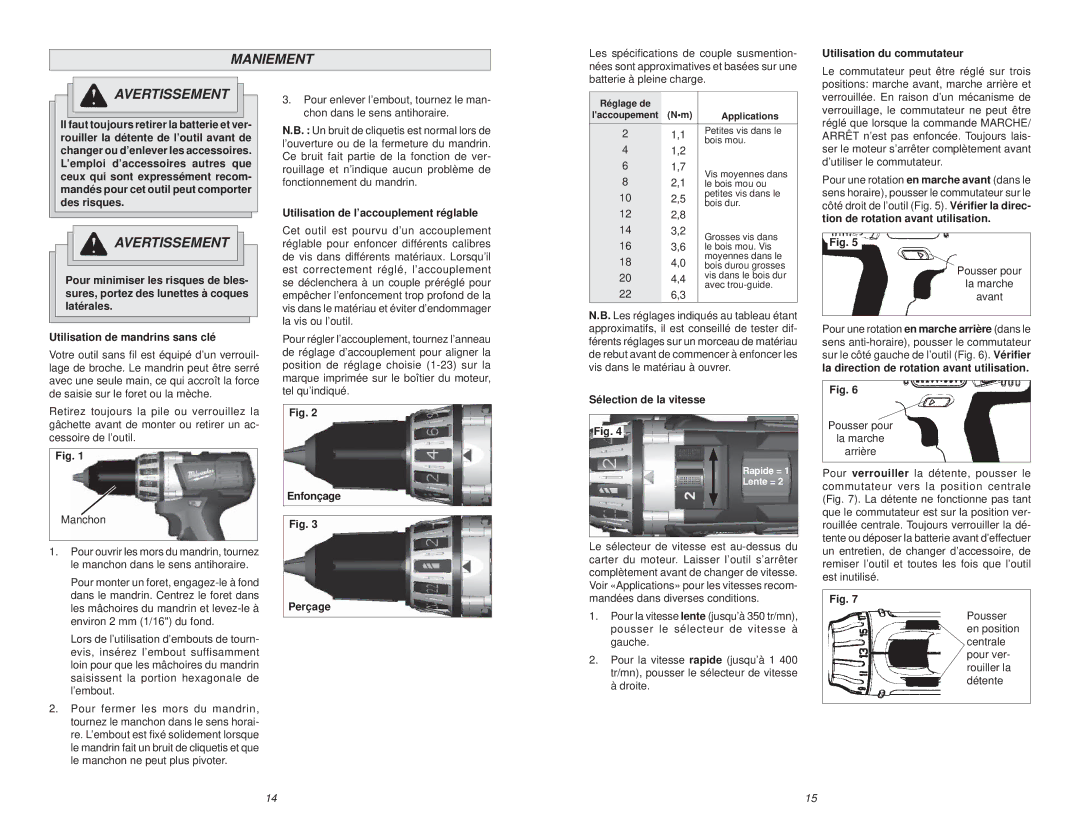 NEC 2601-20 manual Maniement, Utilisation du commutateur, Utilisation de l’accouplement réglable, Enfonçage Perçage 