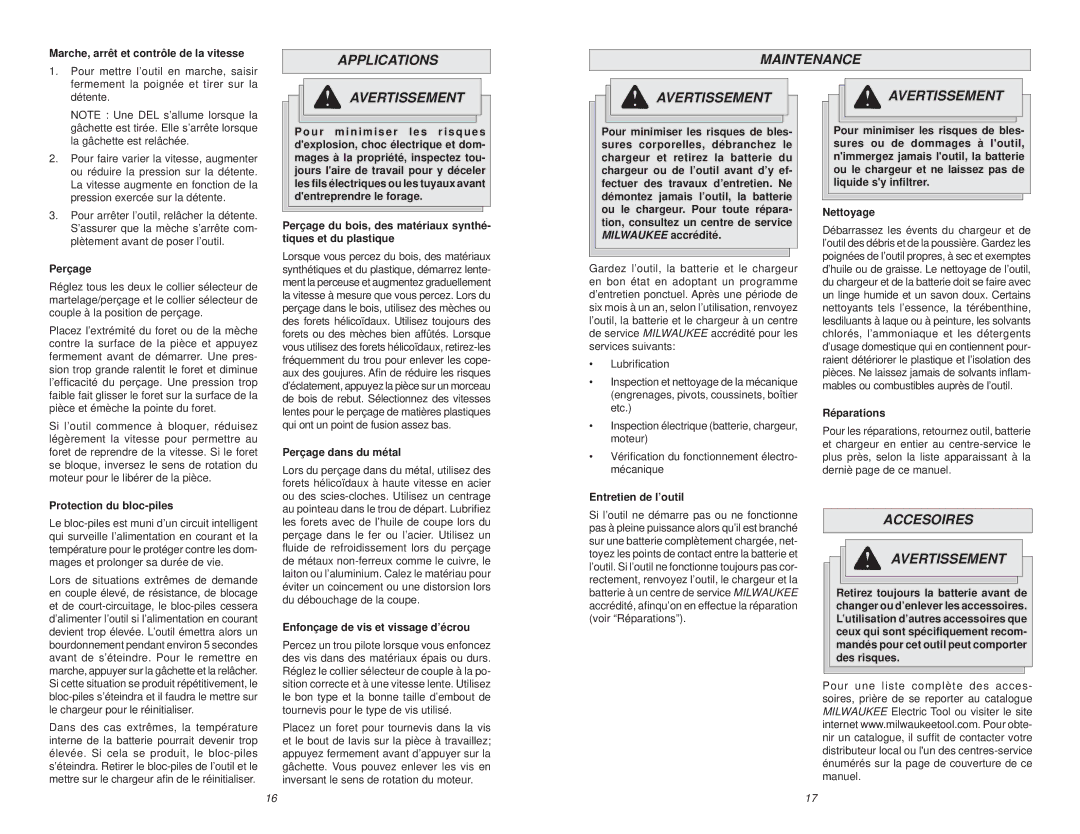 NEC 2601-20 manual Applications Maintenance, Accesoires Avertissement 