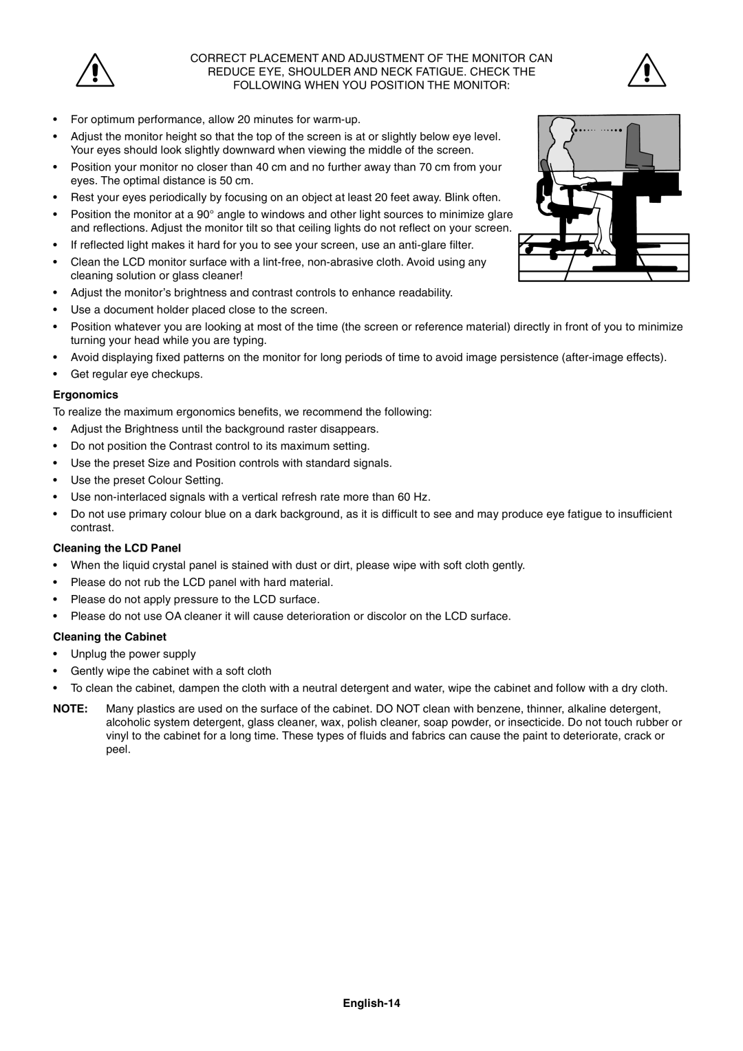NEC 2690 user manual Ergonomics, Cleaning the LCD Panel, Cleaning the Cabinet, English-14 