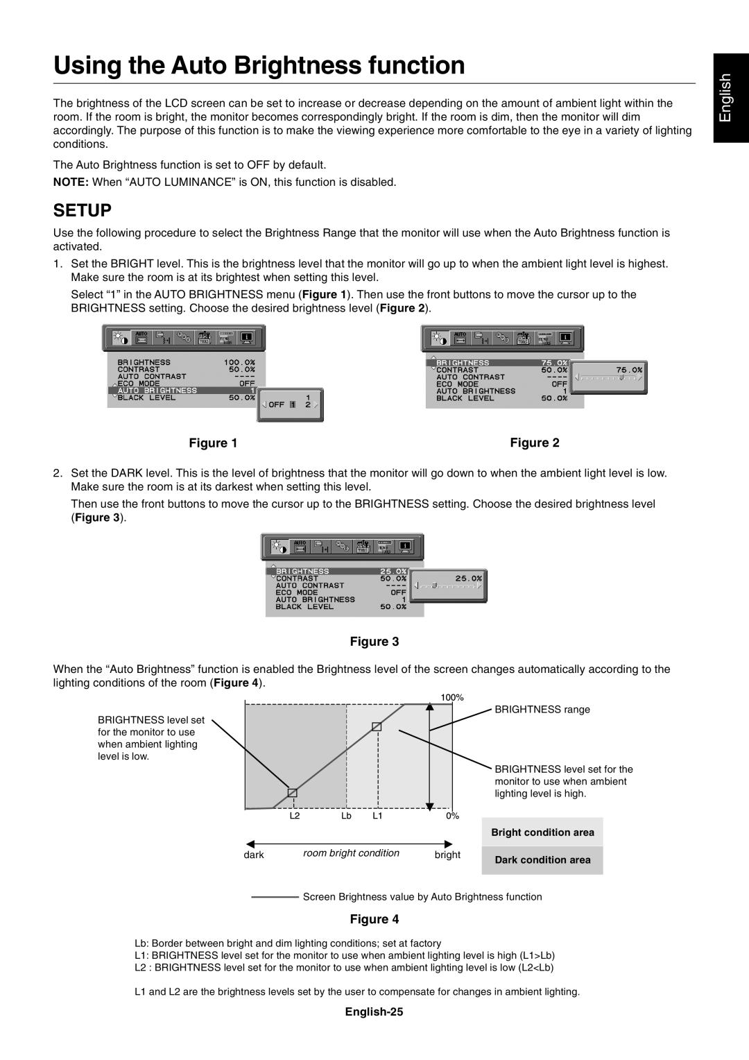 NEC 2690 user manual Using the Auto Brightness function, Setup, English 