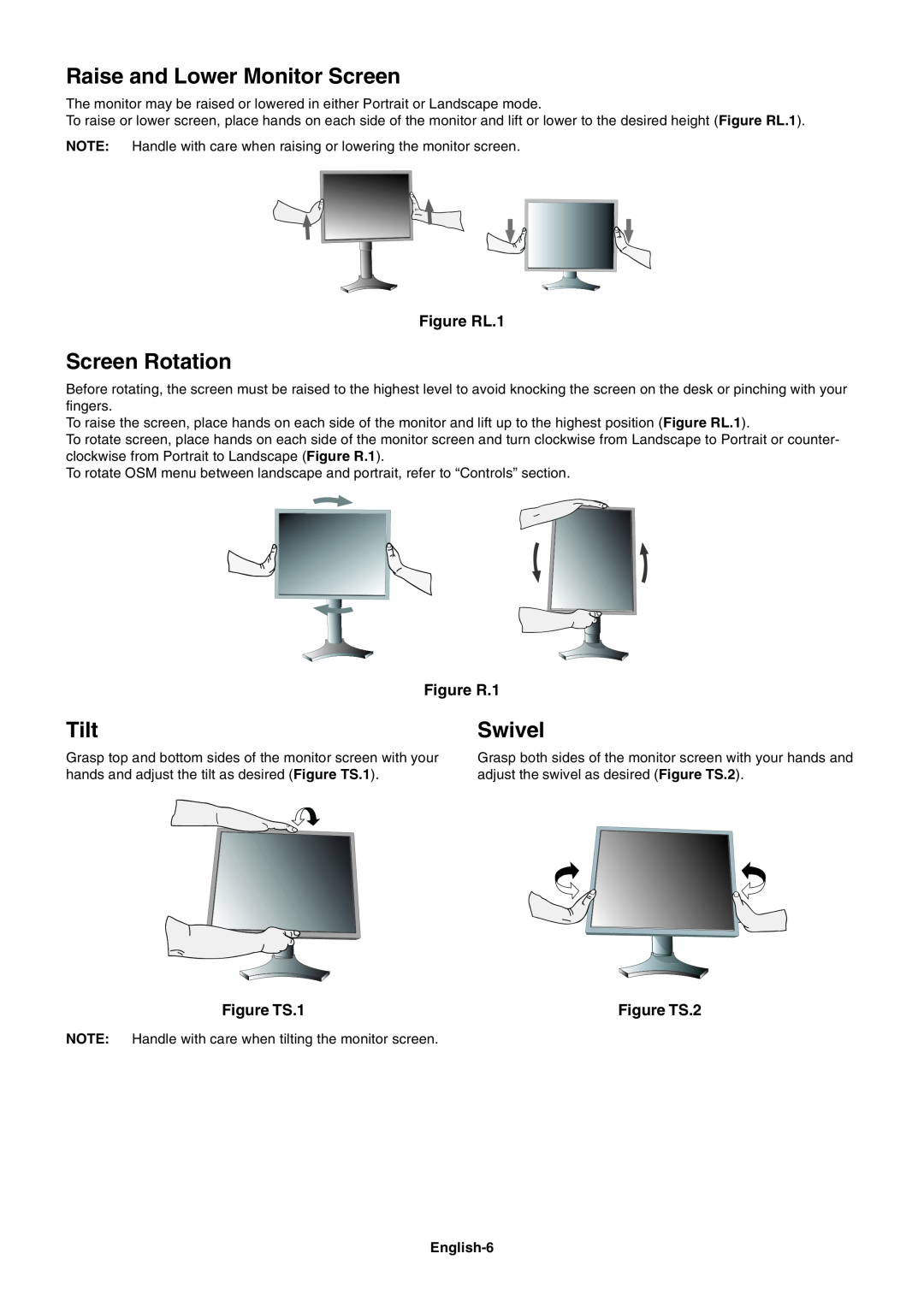 NEC 2690 user manual Raise and Lower Monitor Screen, Screen Rotation, Tilt, Swivel, Figure RL.1, Figure R.1, Figure TS.1 