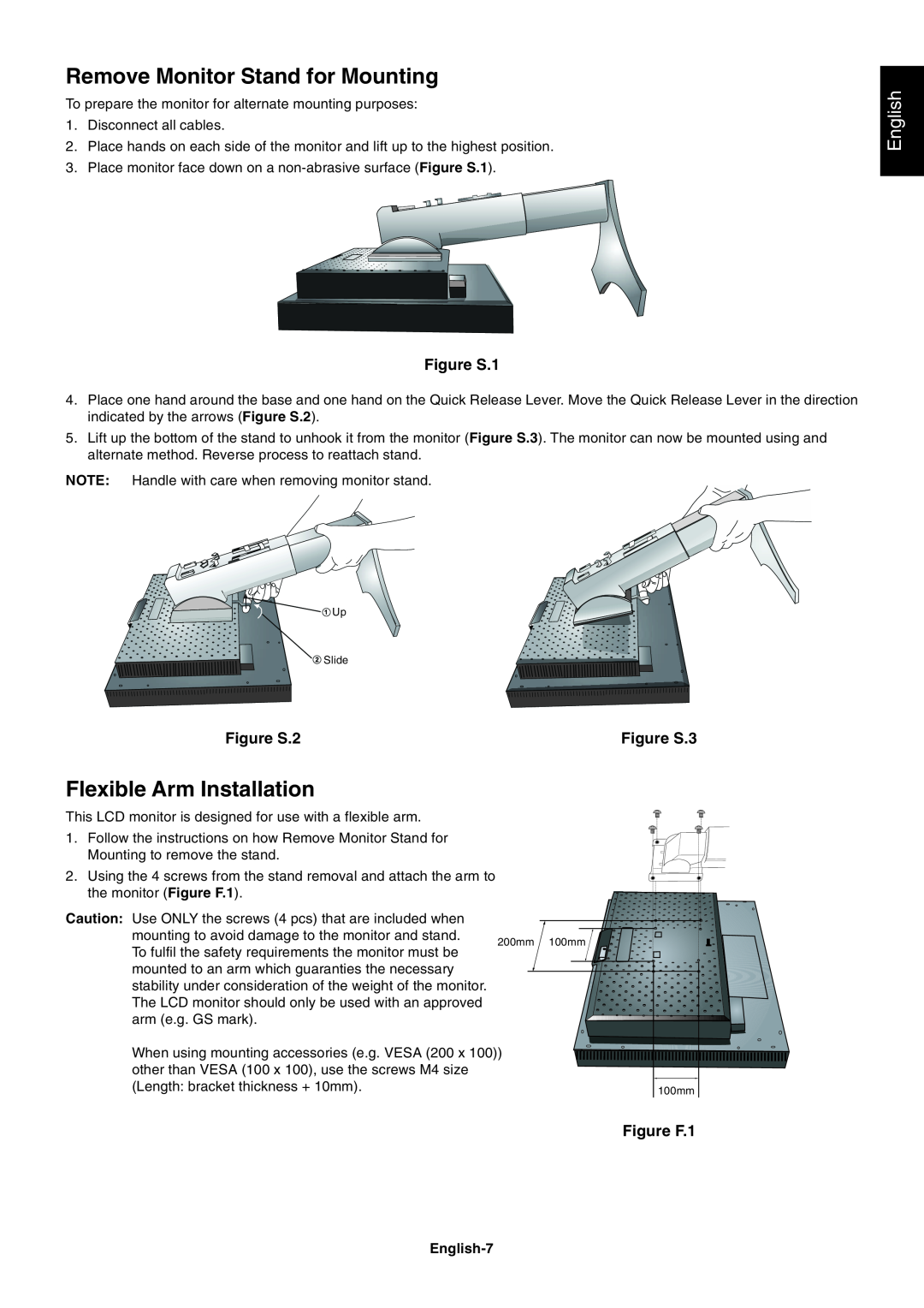 NEC 2690 Remove Monitor Stand for Mounting, Flexible Arm Installation, English, Figure S.1, Figure S.2, Figure S.3 