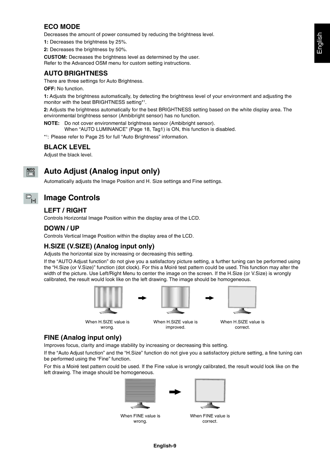 NEC 2690 user manual Auto Adjust Analog input only, Image Controls 