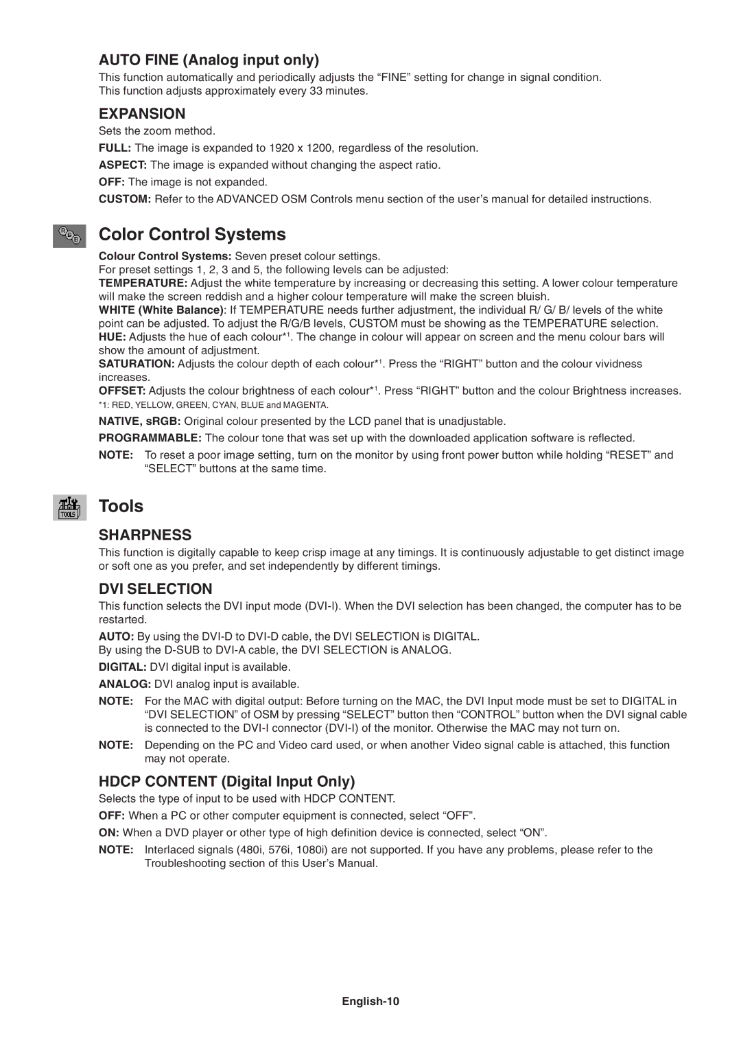 NEC 2690 user manual Color Control Systems, Tools, Expansion, Sharpness, DVI Selection 