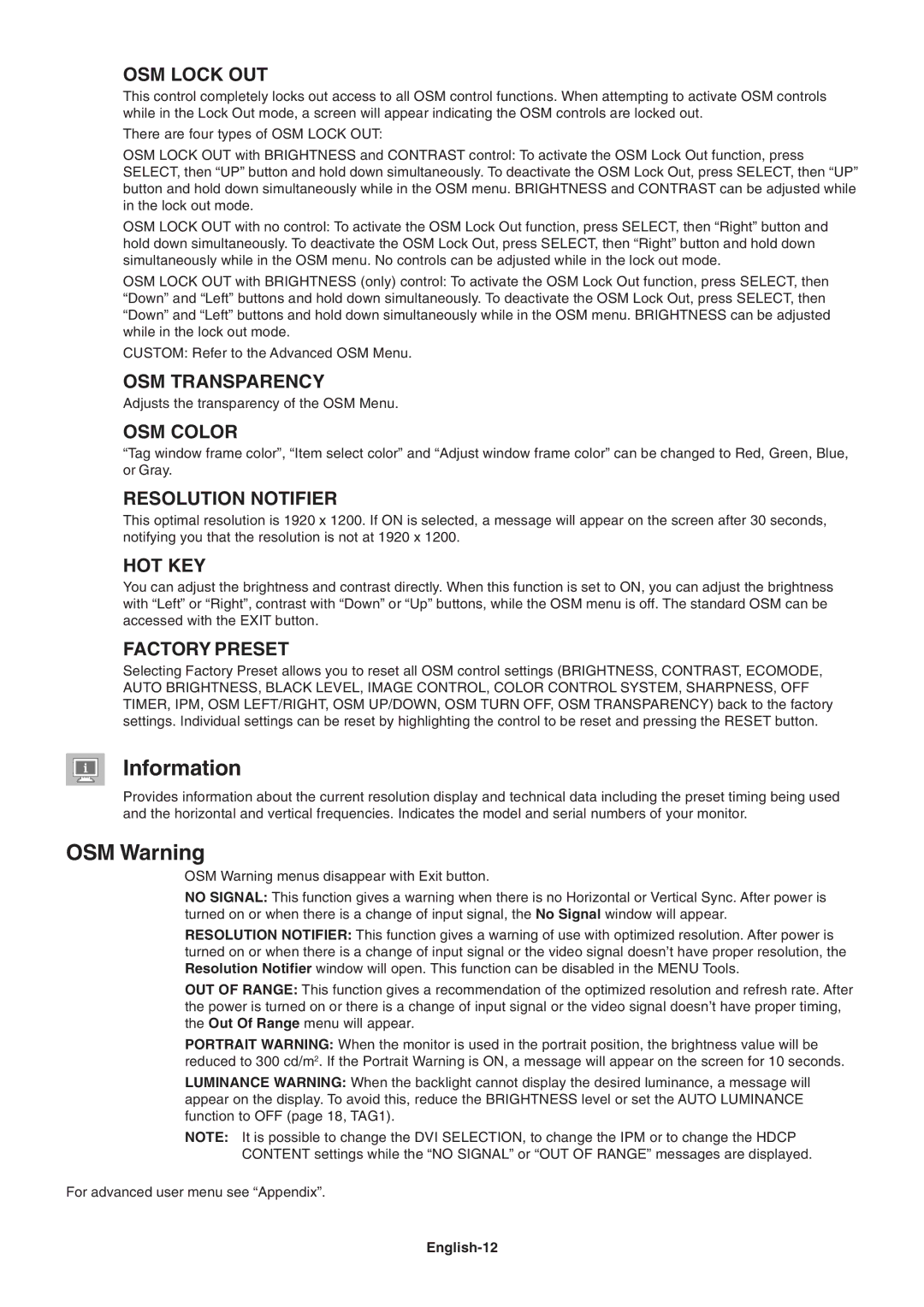 NEC 2690 user manual Information, OSM Warning 